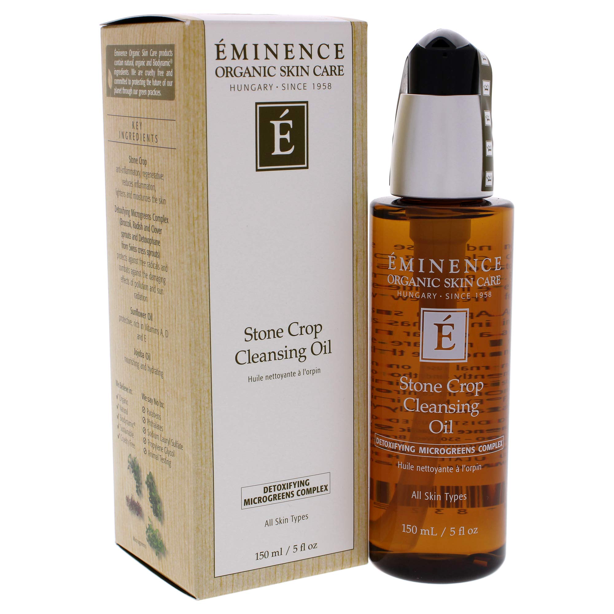 Eminence Stone Crop Cleansing Oil in a 5 fl oz bottle, natural skin cleaning agent with a clear liquid appearance.