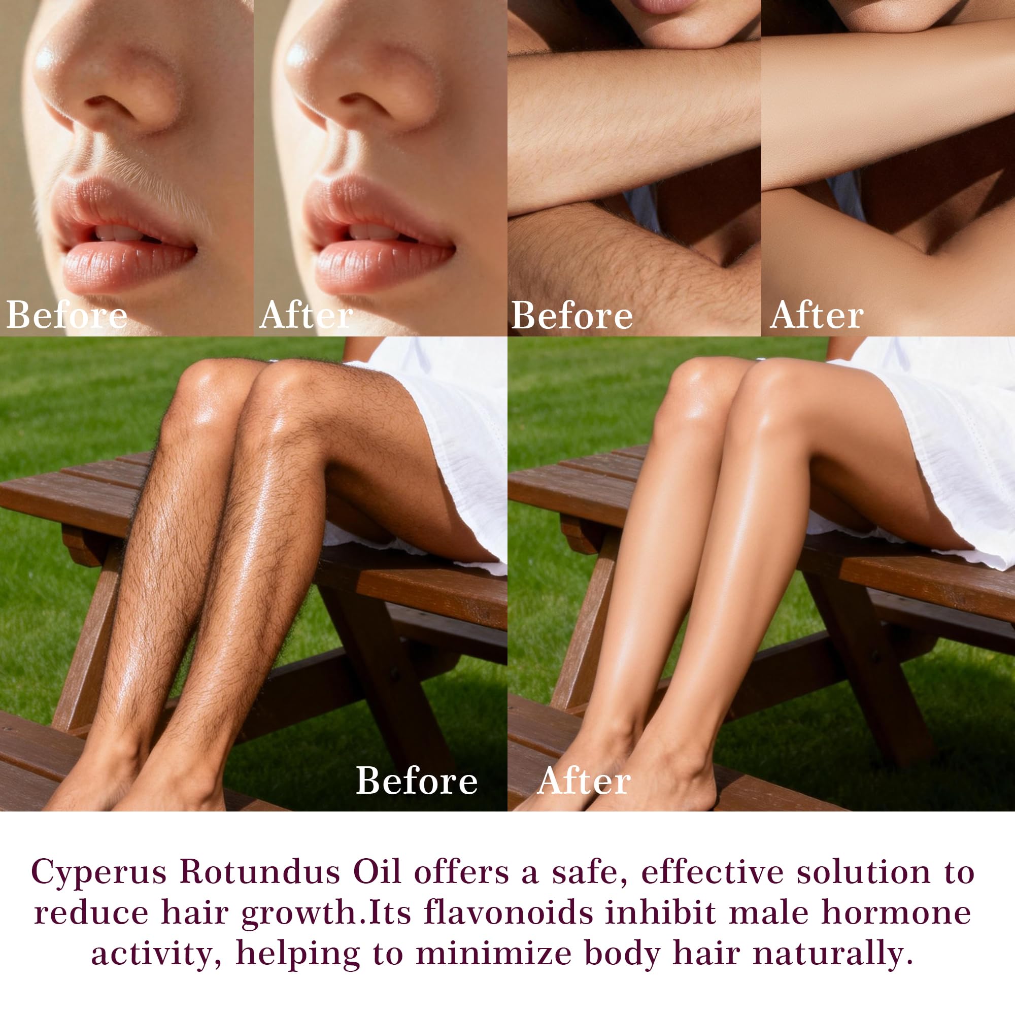 SRIOIO Cyperus Rotundus oil for hair removal and smooth skin, 2oz bottle showing natural oil in a clear container.