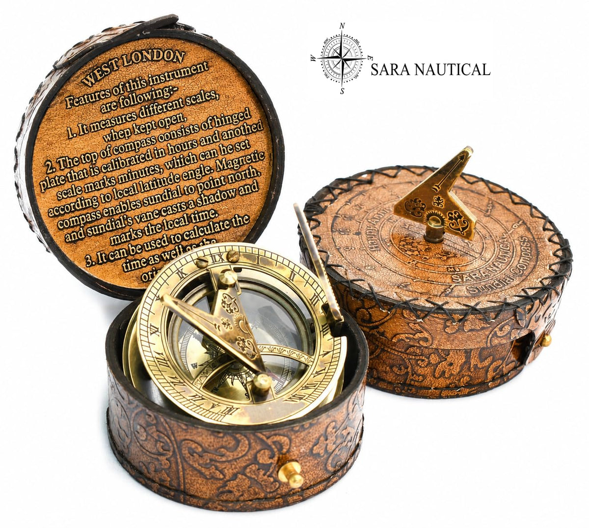 SARA NAUTICAL Antique Brass Sundial Compass, Sundial Clock in Box Gift Sun Clock Ship Replica Watch,Ship Decorations (Ne