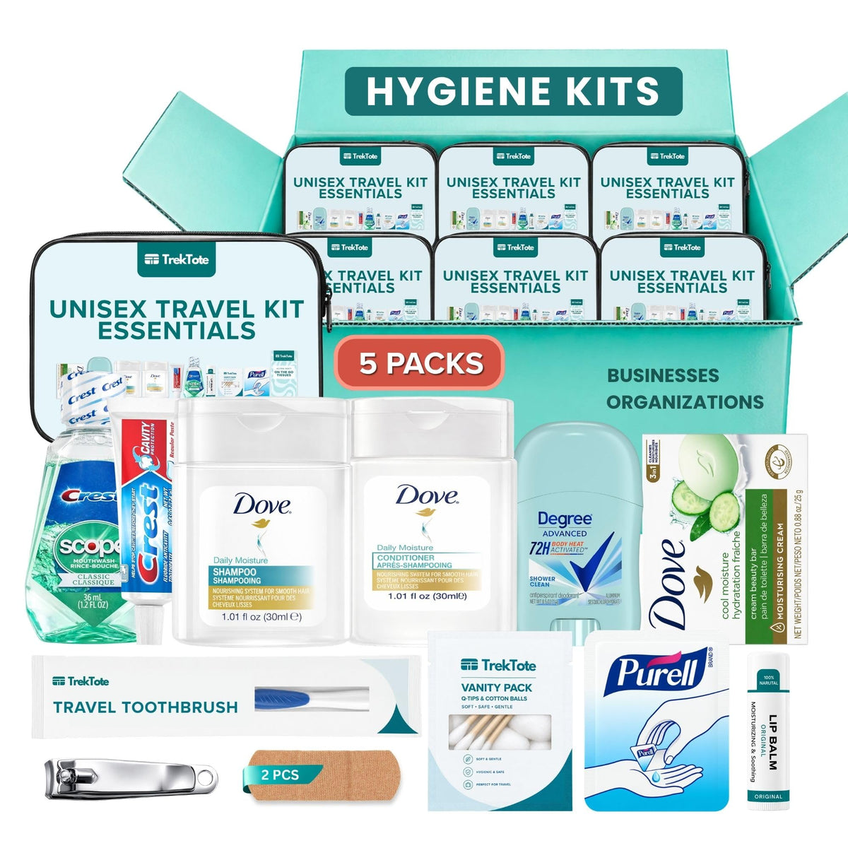 TREKTOTE Hygiene Kits Bulk 5 Pack Unisex Travel Size Toiletries for Care Packages – product photo (Toiletry Kits)
