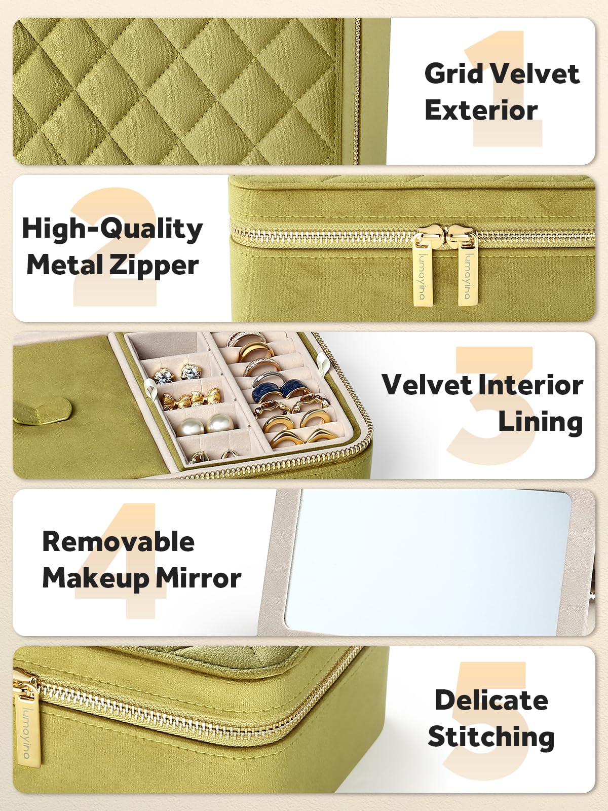 Lumayina Velvet Travel Jewelry Organizer Case with Large Mirror for Women – packaging and label