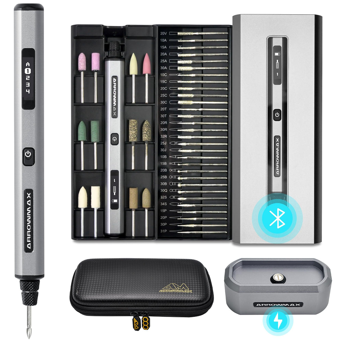 AM ARROWMAX Mini Engraving Pen, Rotary Tool with 42 Bits, Aluminum Case, Smart Motion Control, OLED, APP, Magnetic Charg