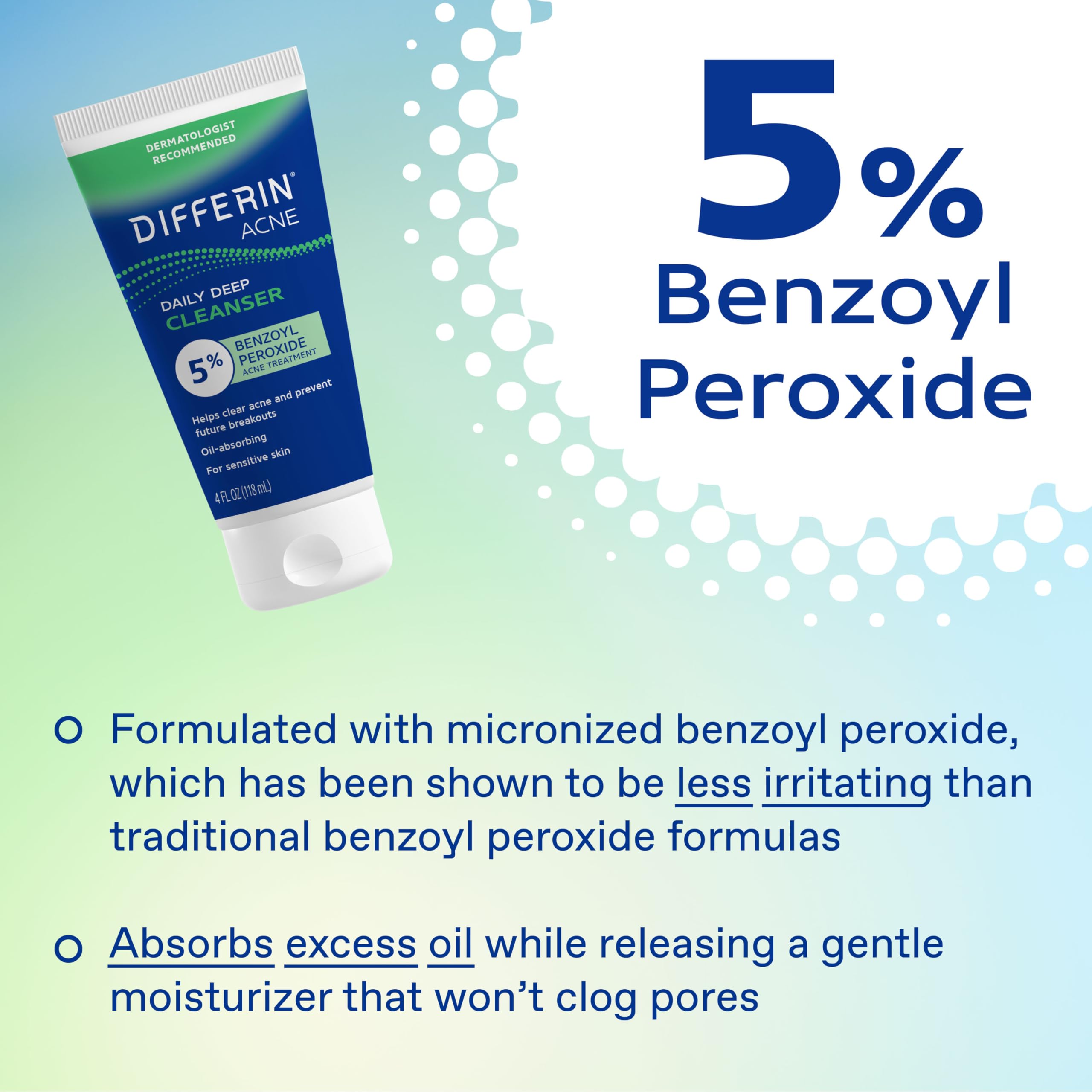 Differin Acne Face Wash with 5% Benzoyl Peroxide in a 4oz bottle, designed for daily facial skin cleansing.