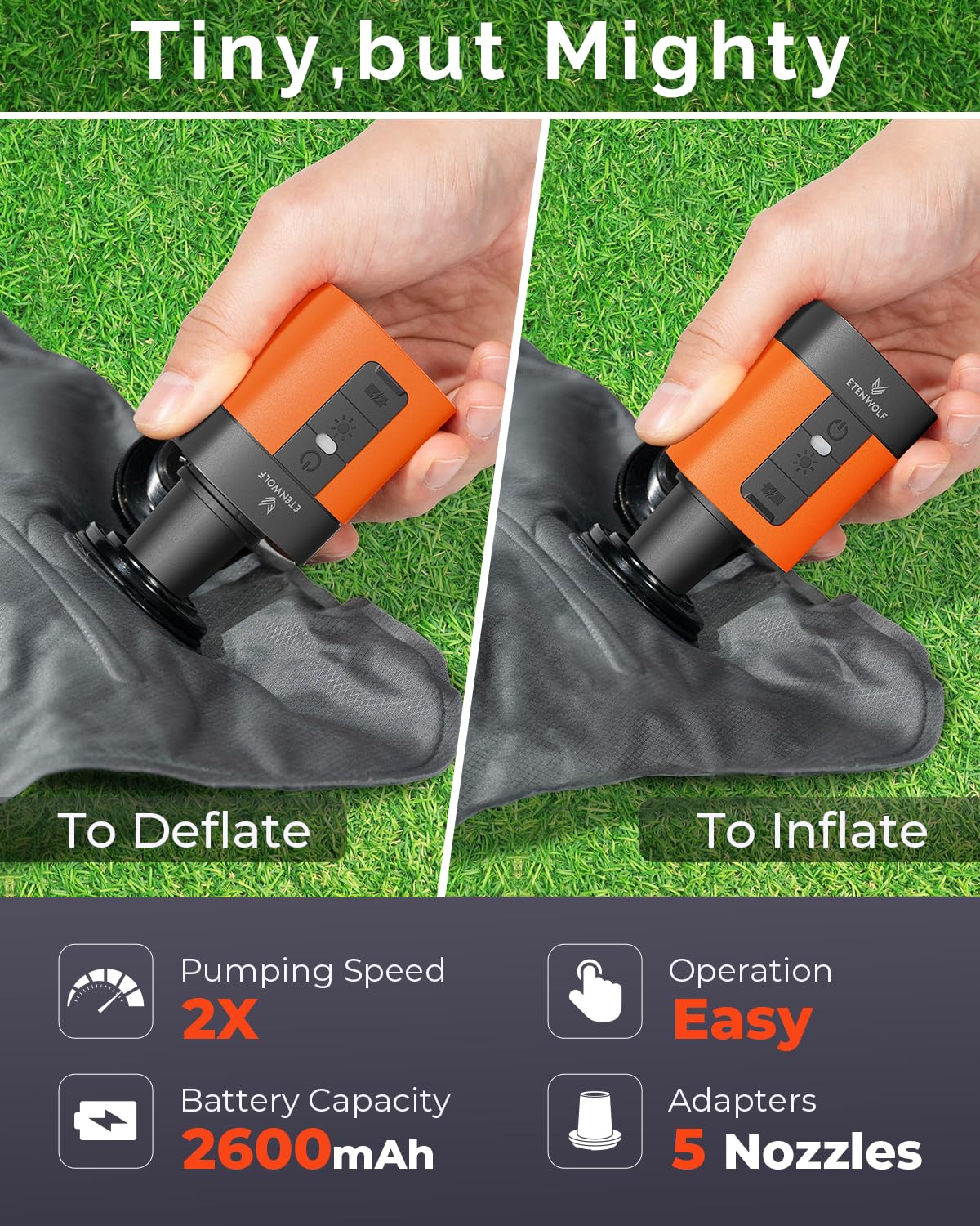 ETENWOLF AIR 3 Air Pump for Inflatables with 2600mAh Battery& Camping Light – Vivid Orange, Plastic