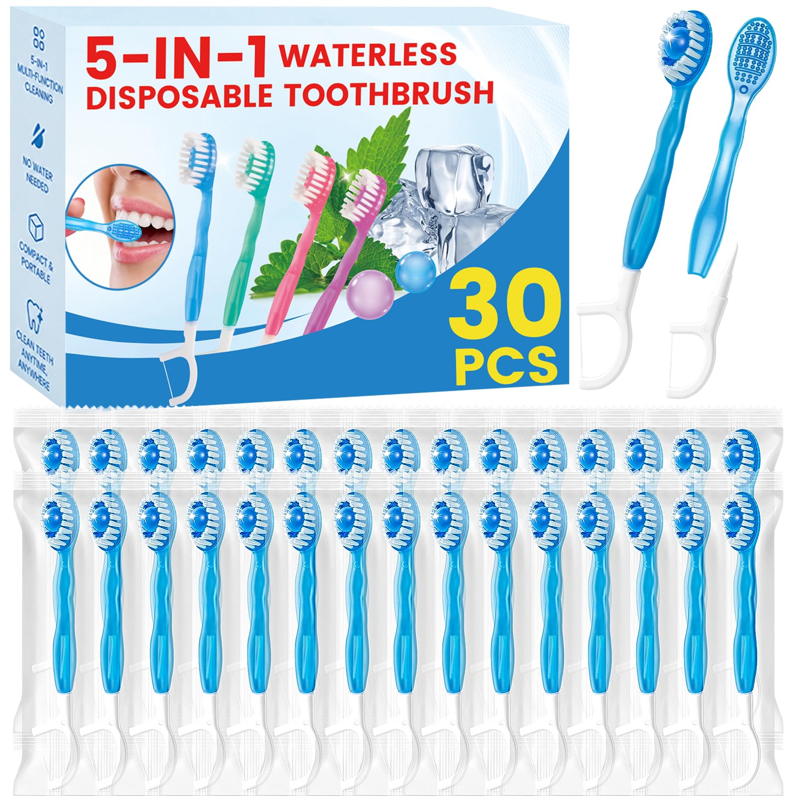 5 in 1 Disposable Travel Toothbrushes, Prepasted Mini On-the-Go - Product Imagery