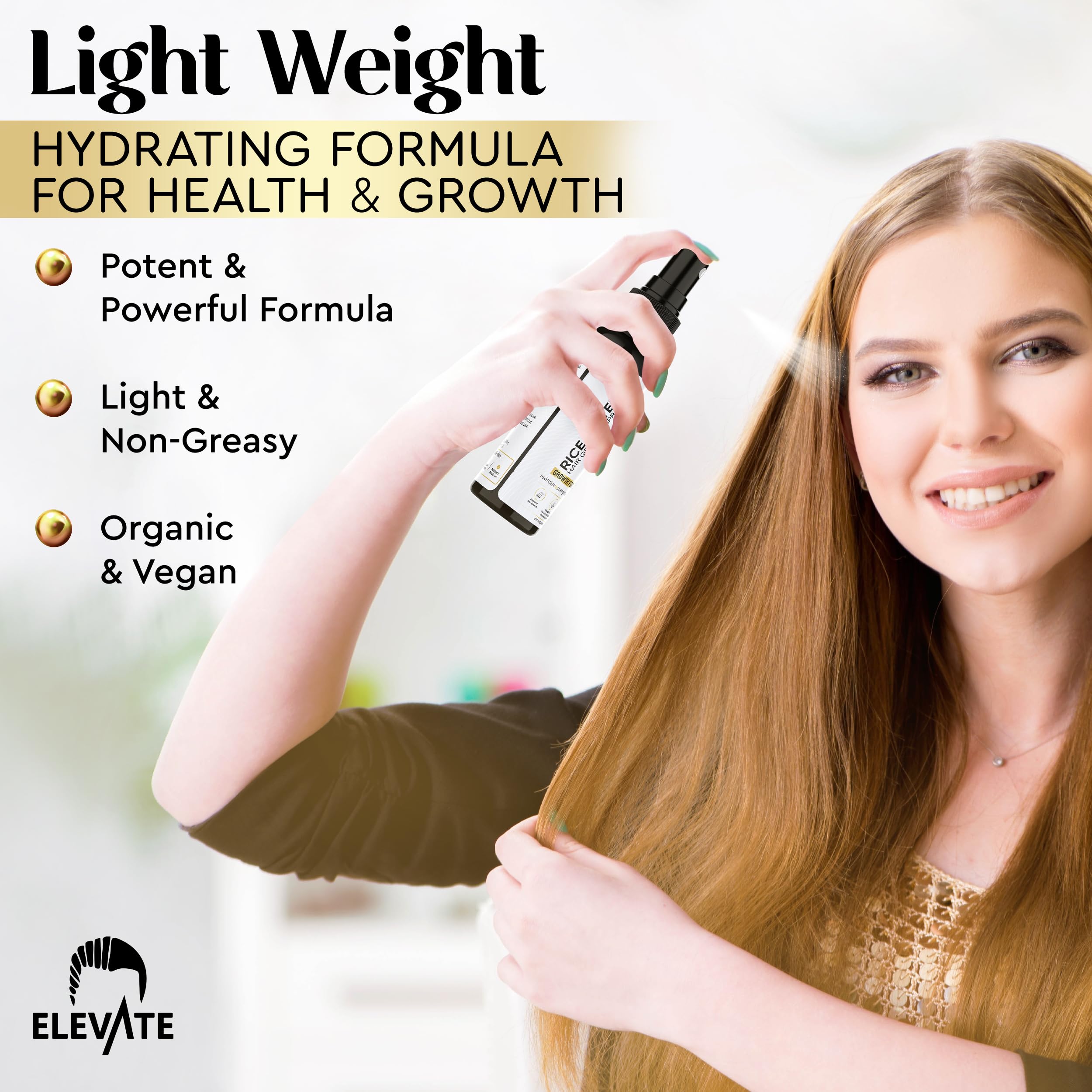 Elevate Rice Water Hair Growth Spray with rosemary and biotin, vegan leave-in treatment for thicker, healthier hair and scalp care.