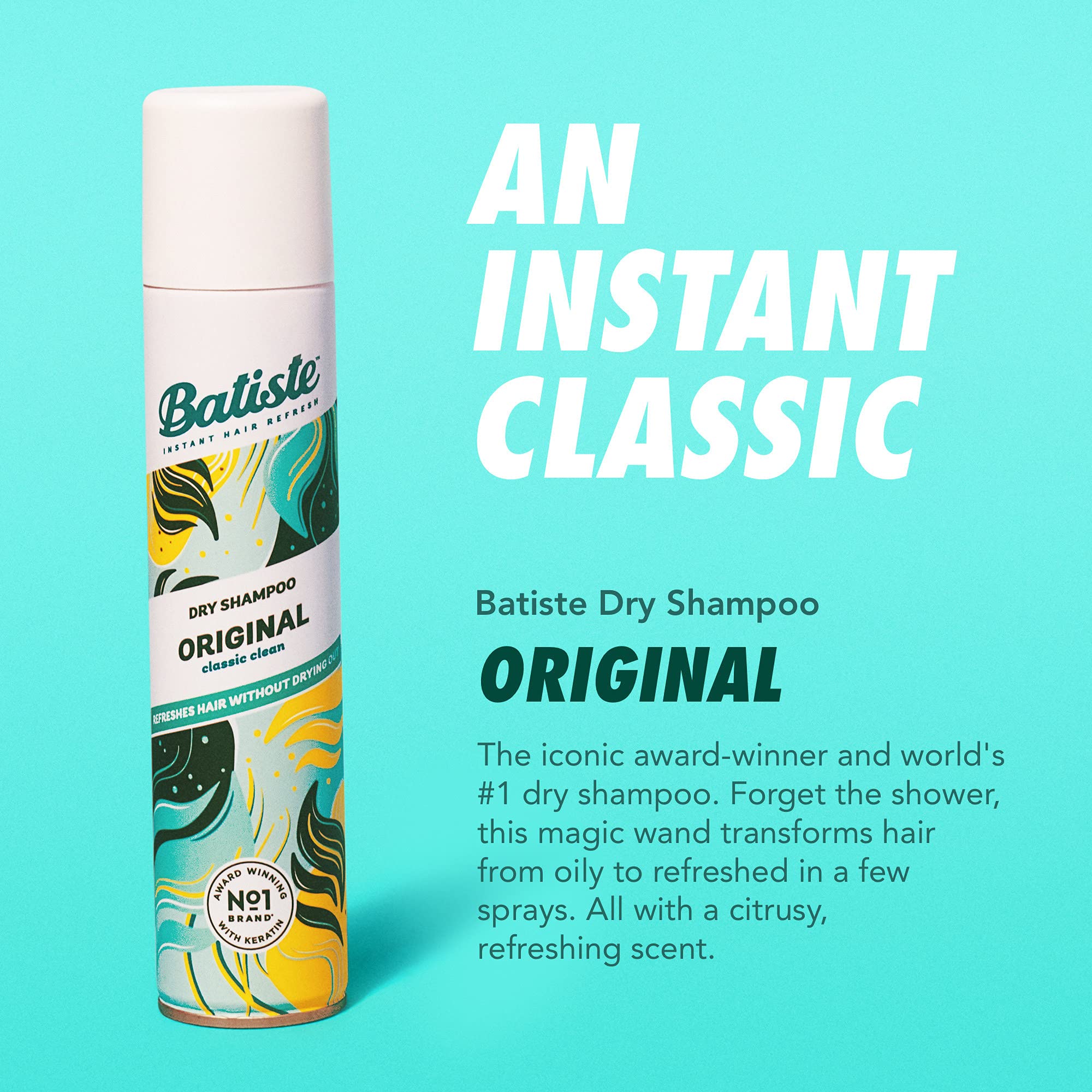 Batiste Dry Shampoo in Original Classic Clean scent, 5.71 oz, showing the aerosol can with branding and product label.