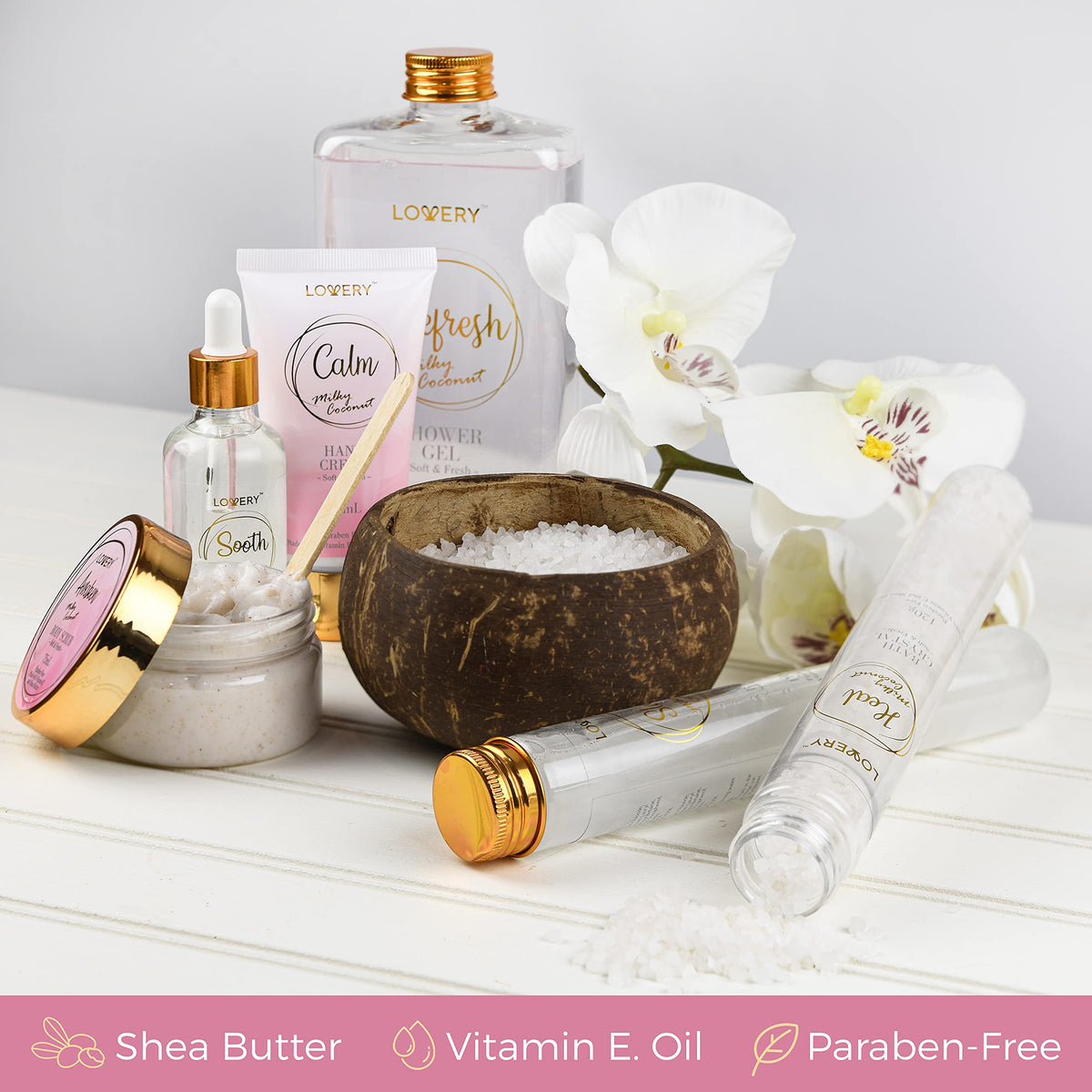 LOVERY Luxury Bath Gift Set - Home Spa Gift Basket with Milky Coconut Scent, Vitamin E & Shea Butter with Shower Gel, Ba