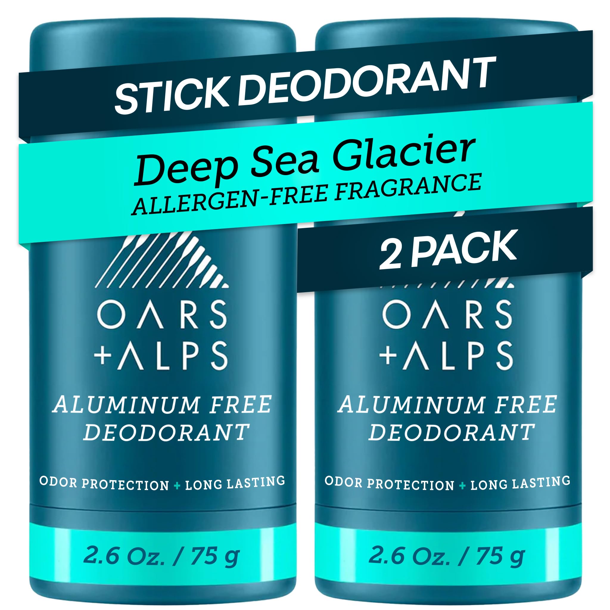Oars + Alps aluminum-free men's deodorant clear stick, 2.6oz, shown in a 2-pack with sleek, minimal packaging.