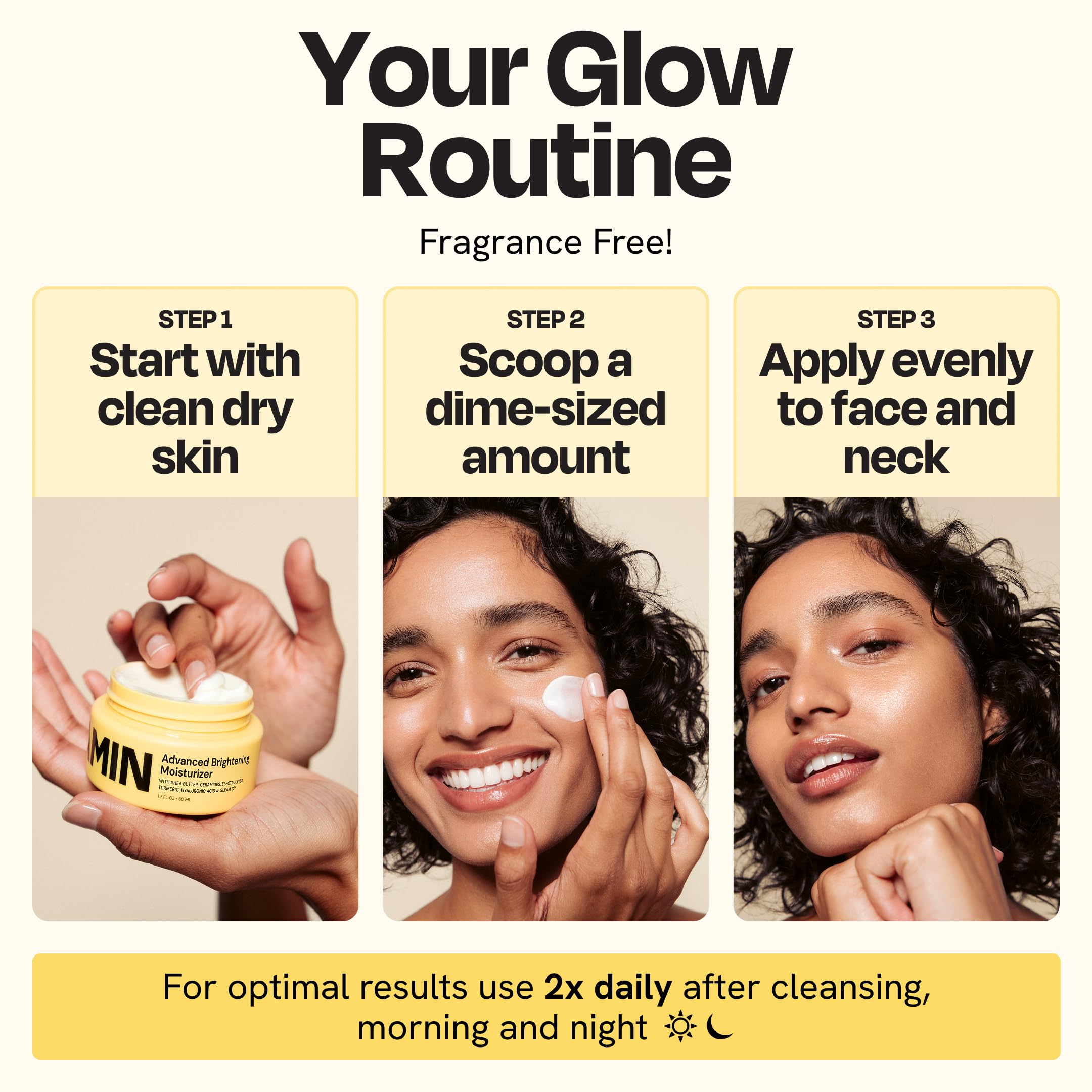 Gleamin Brightening Face Moisturizer in 1.7 fl oz jar, smooth cream for glowing, hydrated skin, displayed in a container.