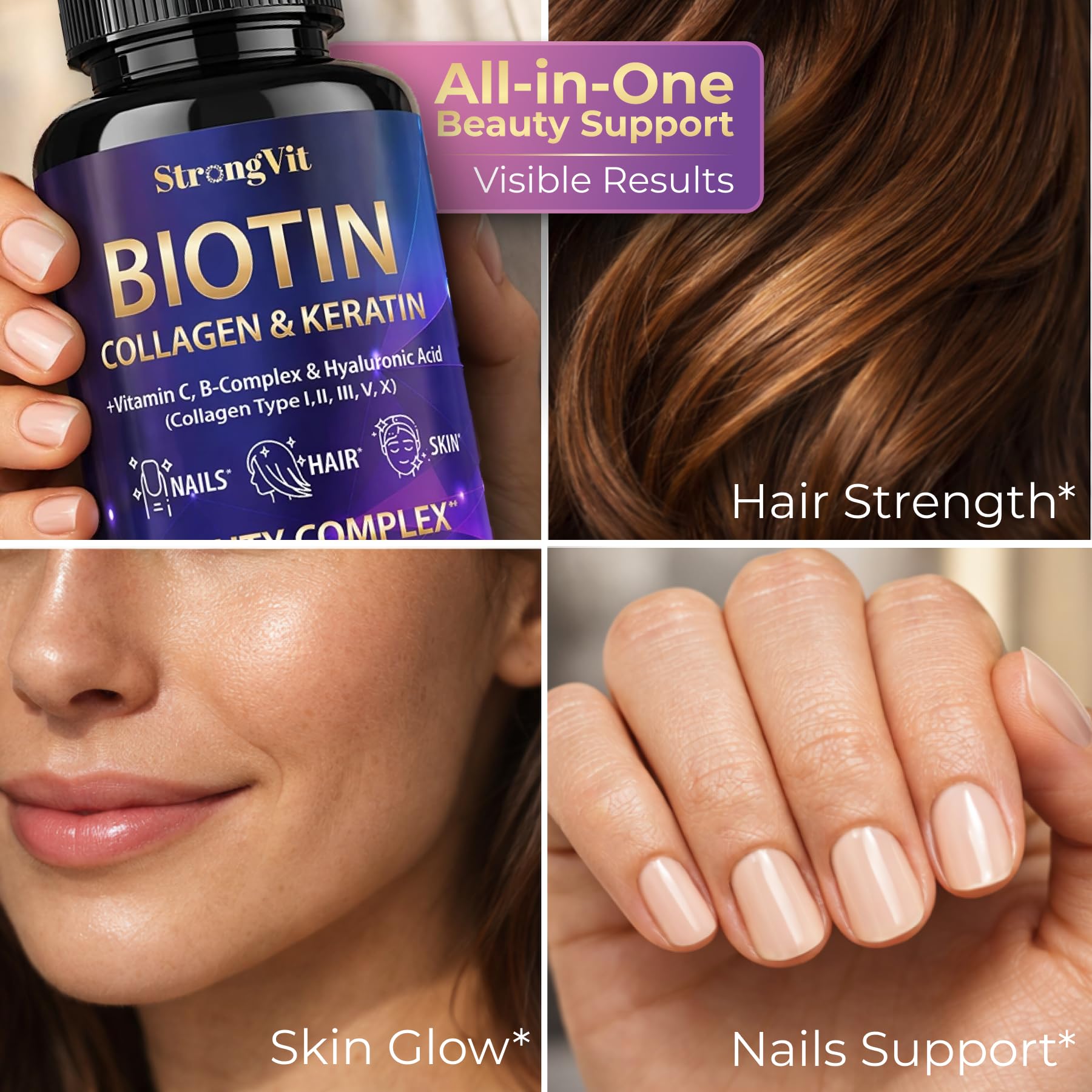 StrongVit Biotin with Hyaluronic Acid, Keratin and Collagen Supplements - 10000mcg for Hair Growth Women and Men - Hair Skin and Nails Vitamins - 60 Capsules