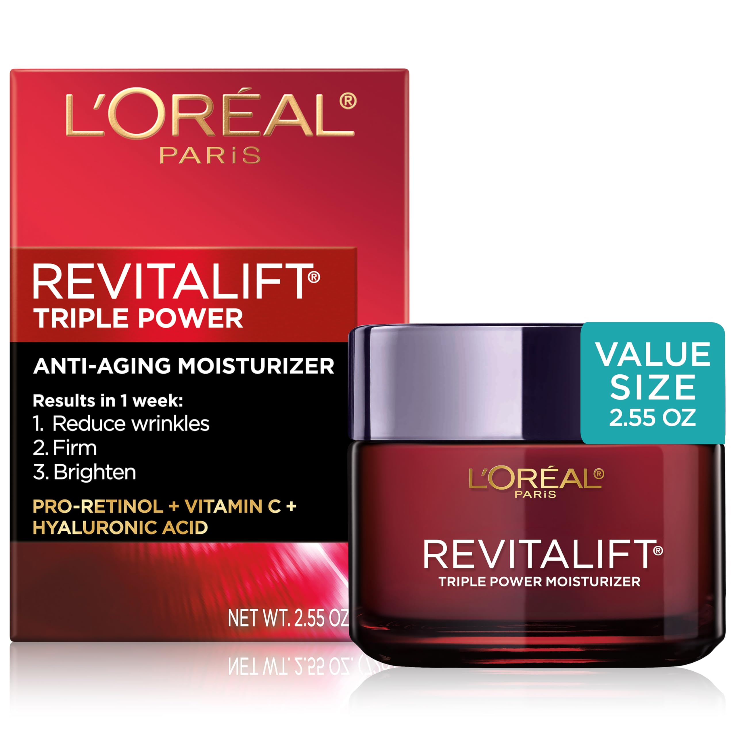 L'Oreal Paris Revitalift Triple Power anti-aging moisturizer with Pro Retinol, hyaluronic acid, and Vitamin C in 2.55 oz jar