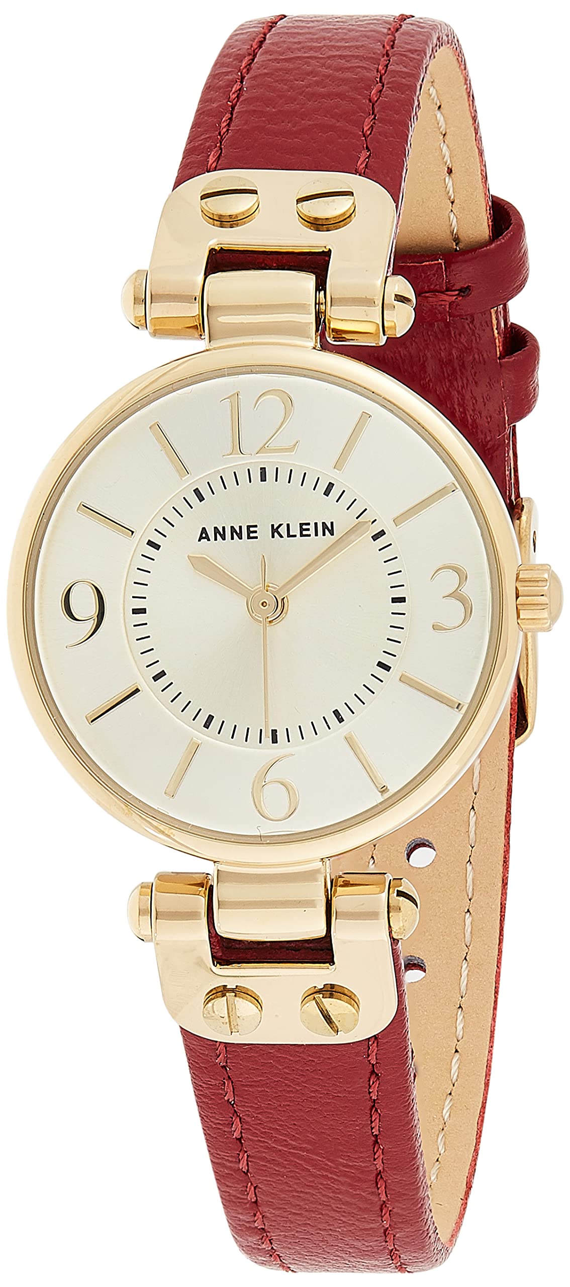 Anne Klein Women's Leather Strap Watch – close-up detail in Brown