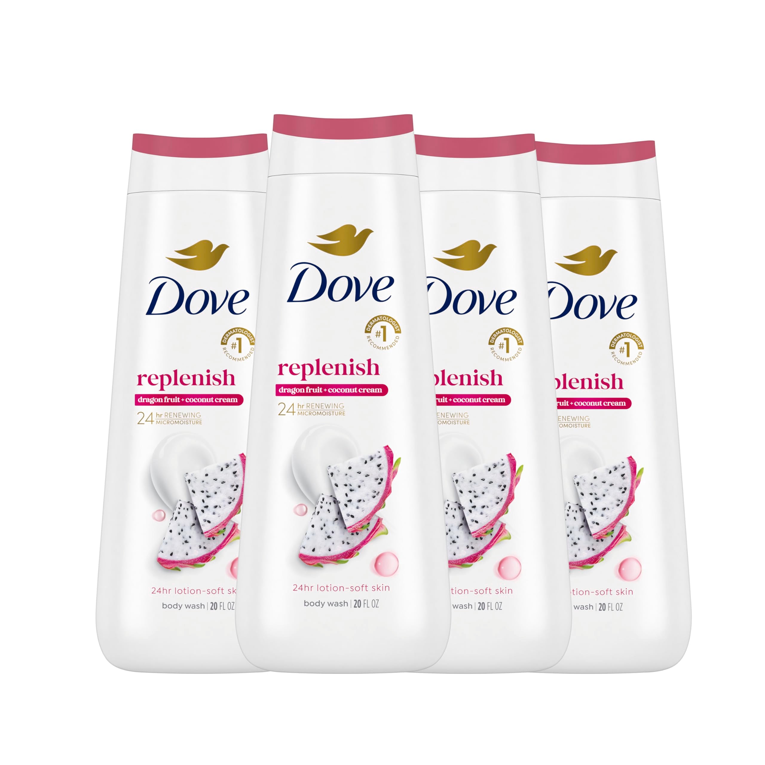 Dove Dragon Fruit & Coconut Cream Body Wash 4-pack bottles with floral and fruit designs on the labels.