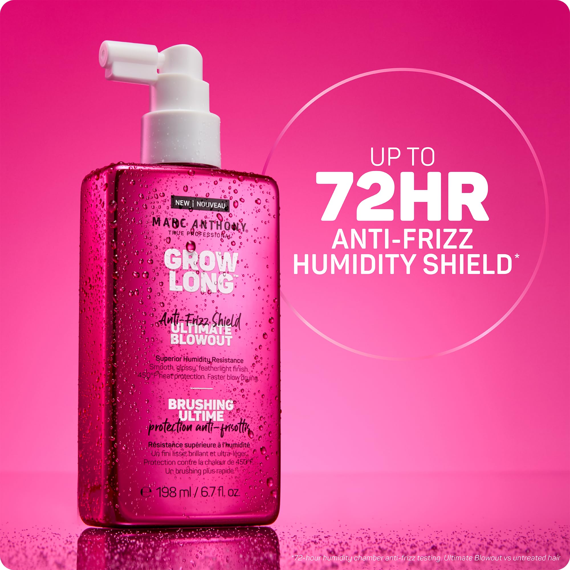 Marc Anthony Grow Long Blowout Anti-Frizz Heat Spray bottle, a hair styling agent for smooth, frizz-free hair with heat protection.