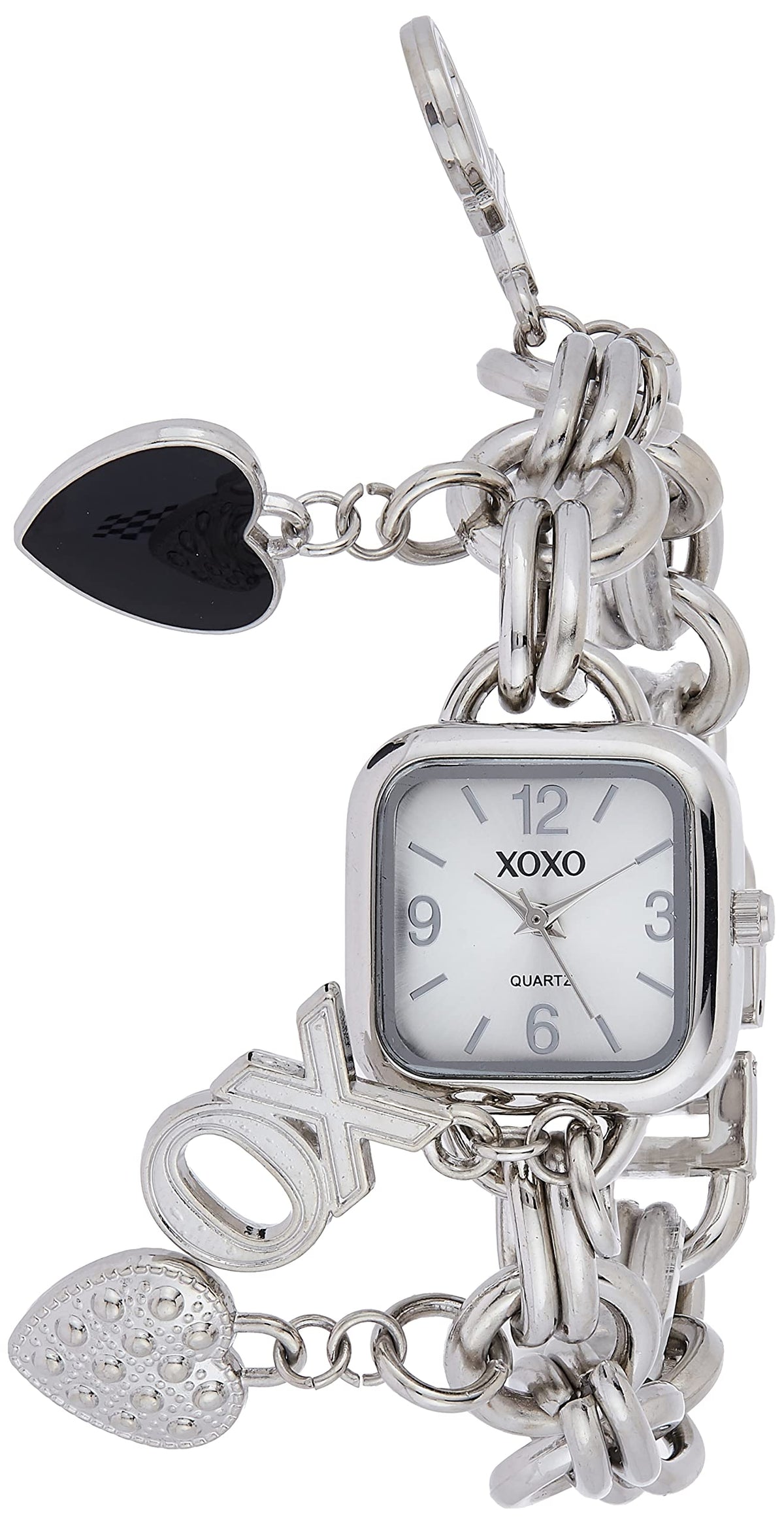 Accutime XOXO Women’s Charm Bracelet Watch with XO and Heart Charms, Quartz Analog Display, Polished Silver-Tone Finish,