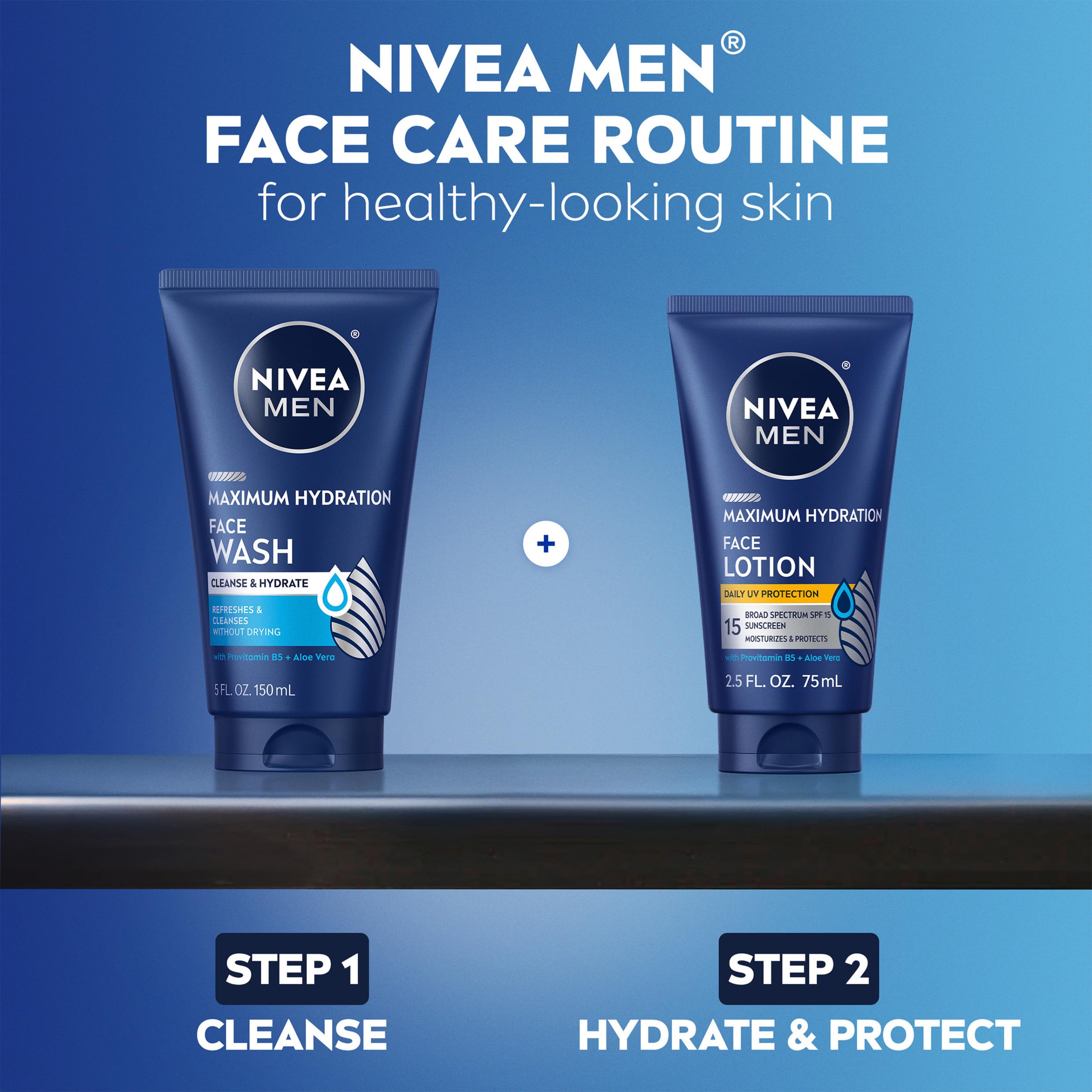 NIVEA MEN Maximum Hydration Face Lotion with SPF 15 sunscreen, 4 bottles of 2.5 fl oz each, in a skincare set.