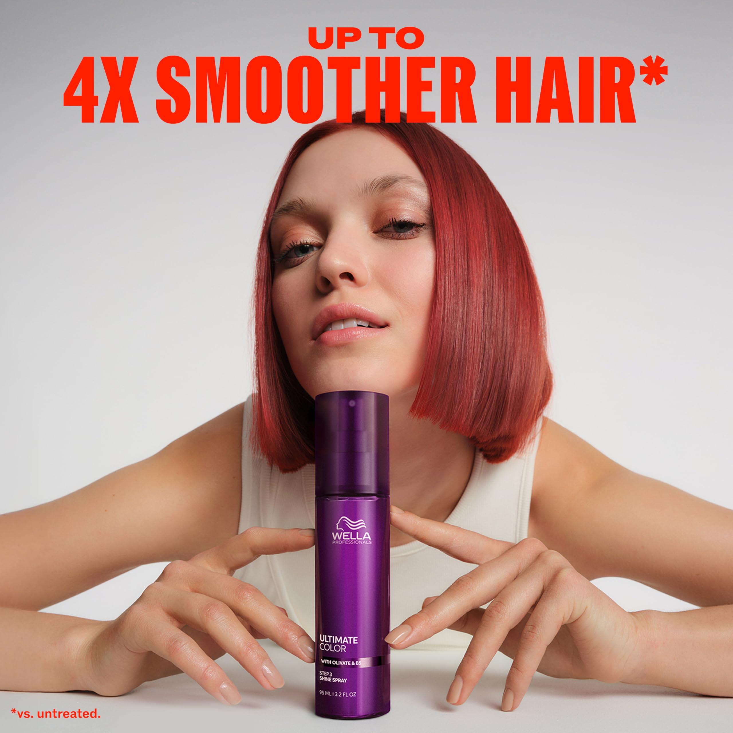 Wella Professionals Ultimate Color Shine Spray for smoother, shiny hair, styled in a sleek hairdo with a spray bottle.