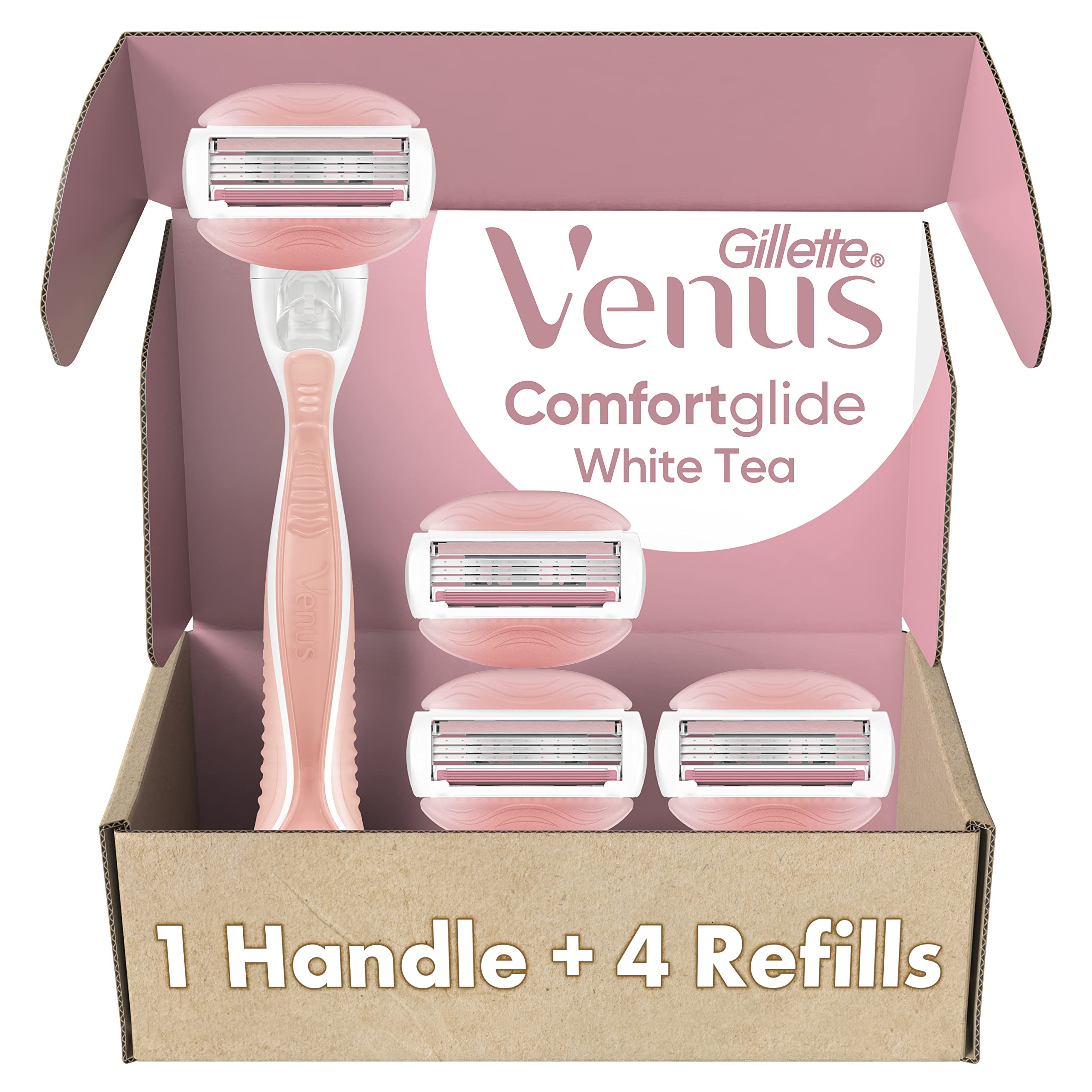 Gillette Venus ComfortGlide White Tea women's manual shaving razor with one handle and four blade refills.