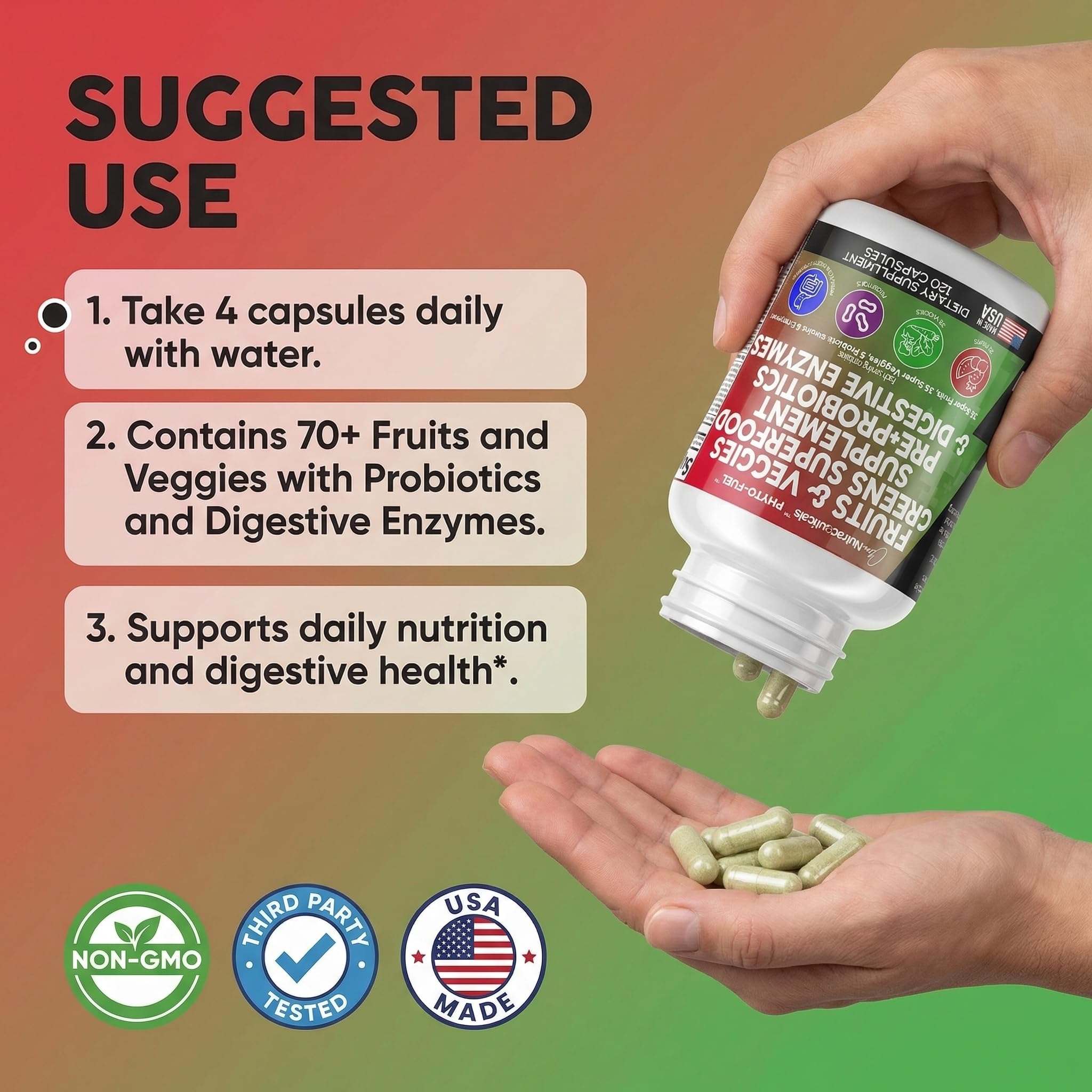 Clean Nutraceuticals Fruits & Veggies Superfood nutritional supplement bottle with 120 capsules, featuring colorful fruit and vegetable imagery.