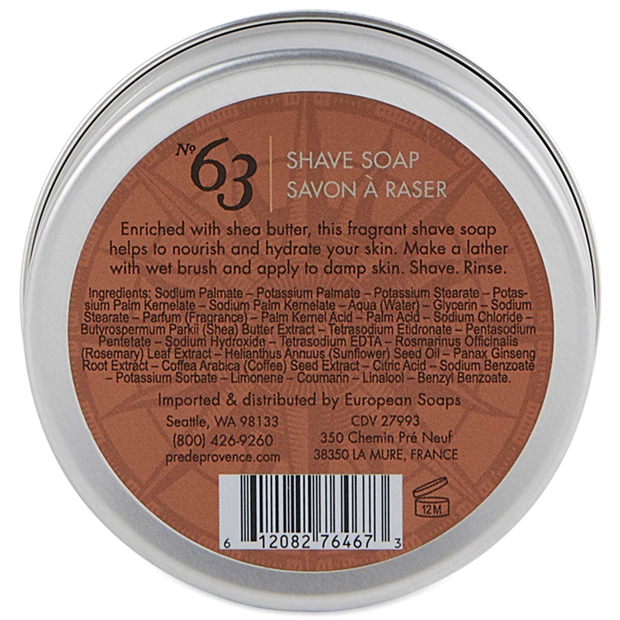 Pre de Provence No.63 men's shave soap in a tin, featuring a creamy lather for a smooth shave.