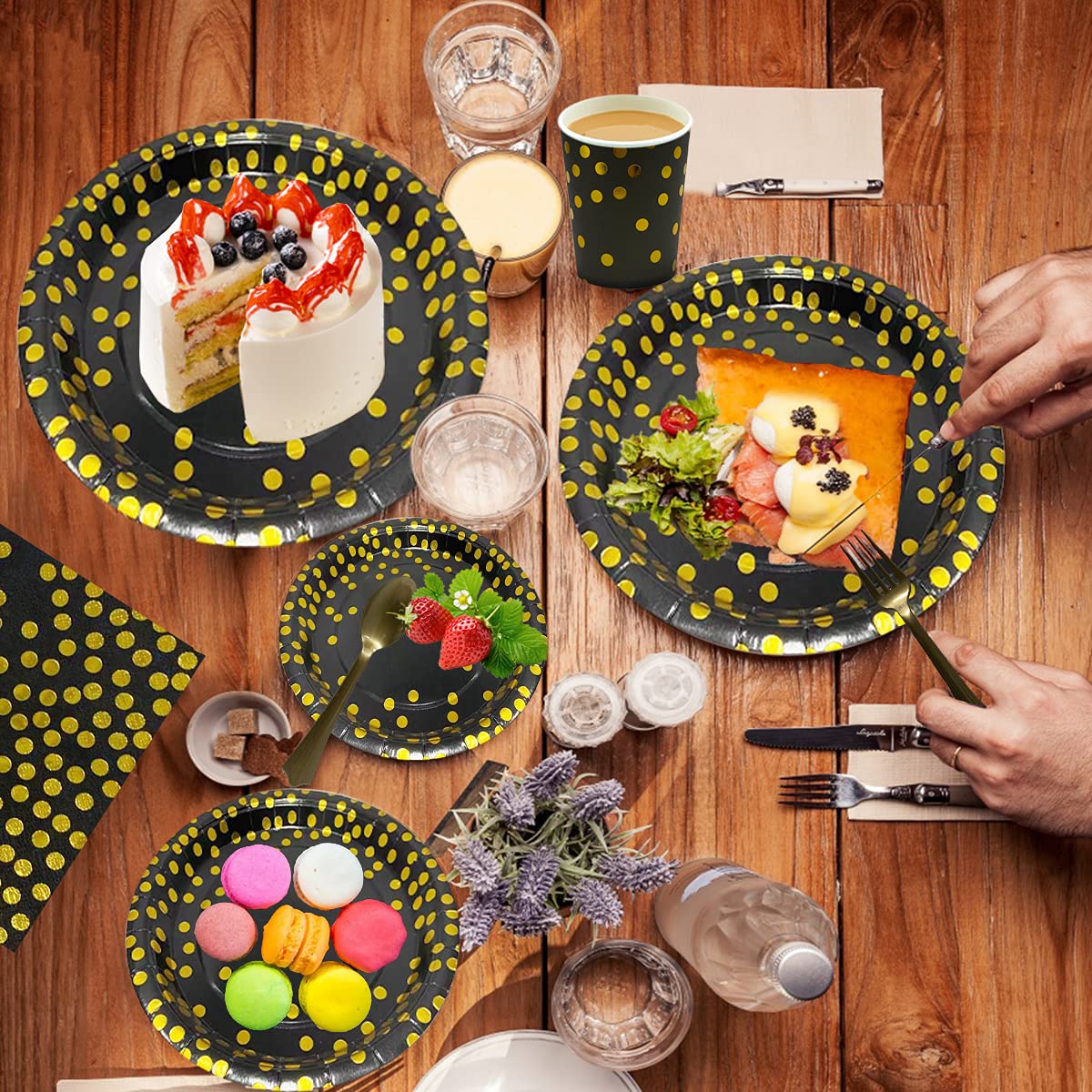 Runeaoys Halloween Black and Gold Party Decorations Supplies Paper Plates Napkin Set – full view