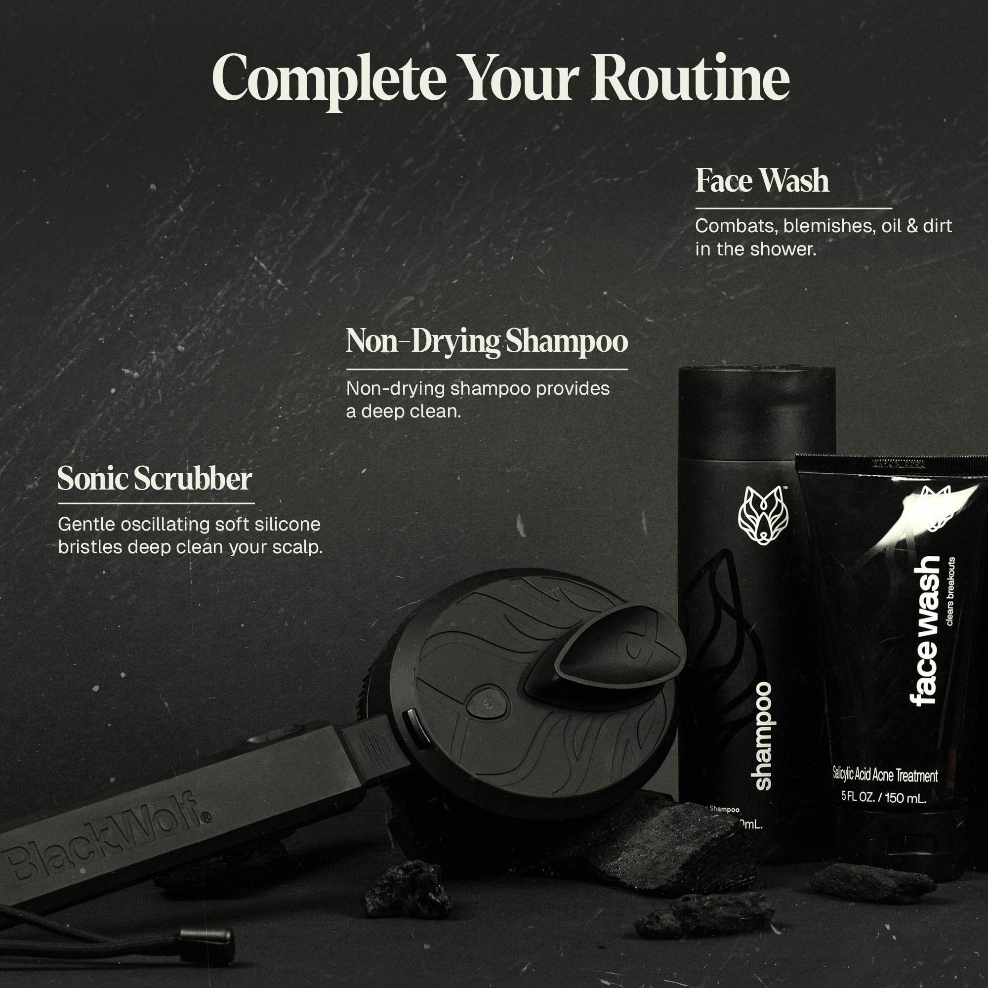 Black Wolf Salicylic Acid Body Wash for Men, a 14 fl oz acne face wash and skin cleaning agent with black packaging.