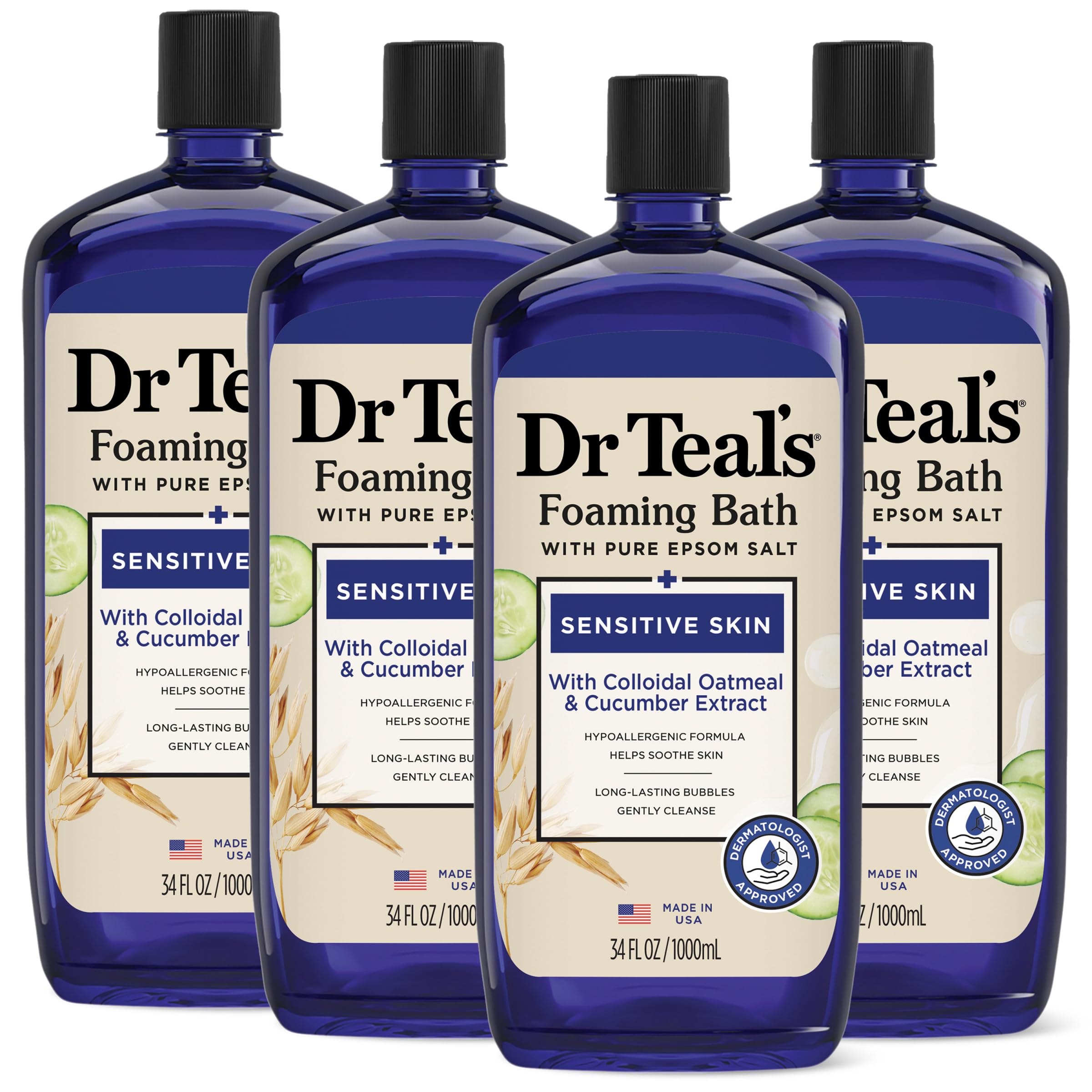 Dr Teal's foaming bath with Epsom salt, colloidal oatmeal, and cucumber for sensitive skin in a 34 fl oz bottle, pack of 4