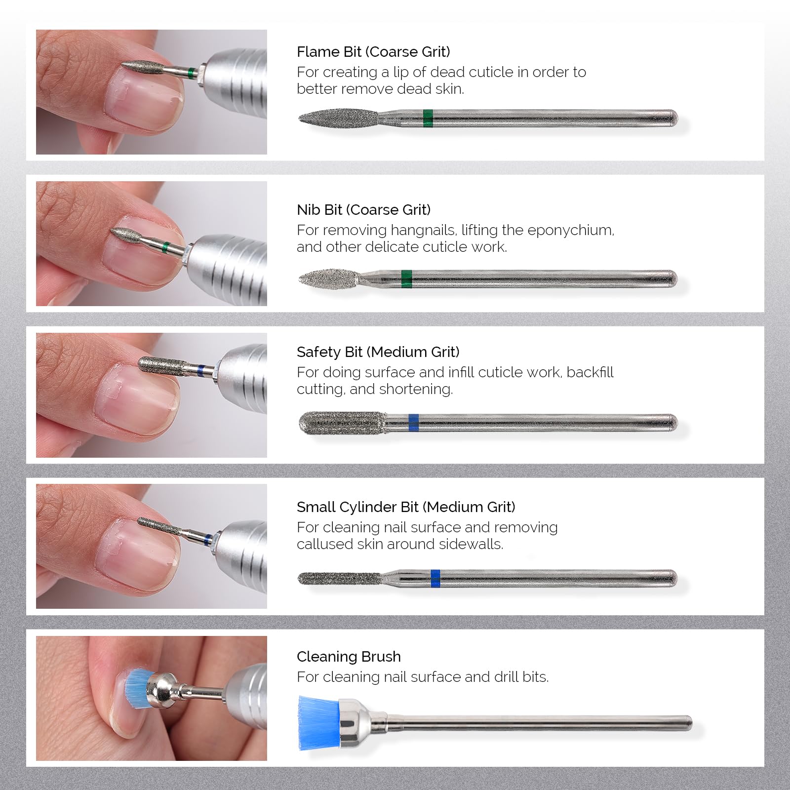 MelodySusie 10pcs Nail Drill Bits Diamond Cuticle Set Silver