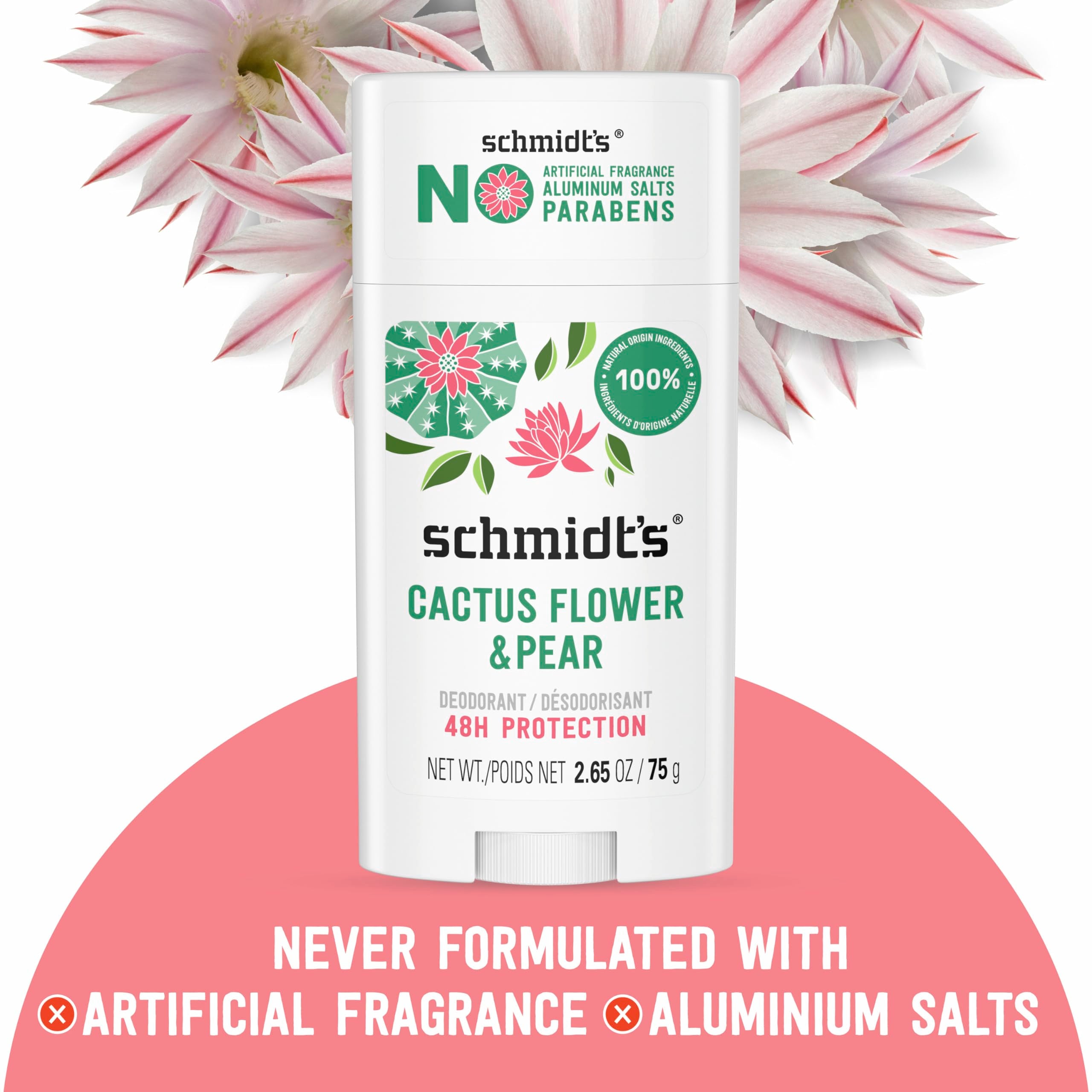 Schmidt's vegan aluminum-free deodorant sticks in Cactus Flower & Pear scent, 2.65 oz, natural body deodorant for women and men.