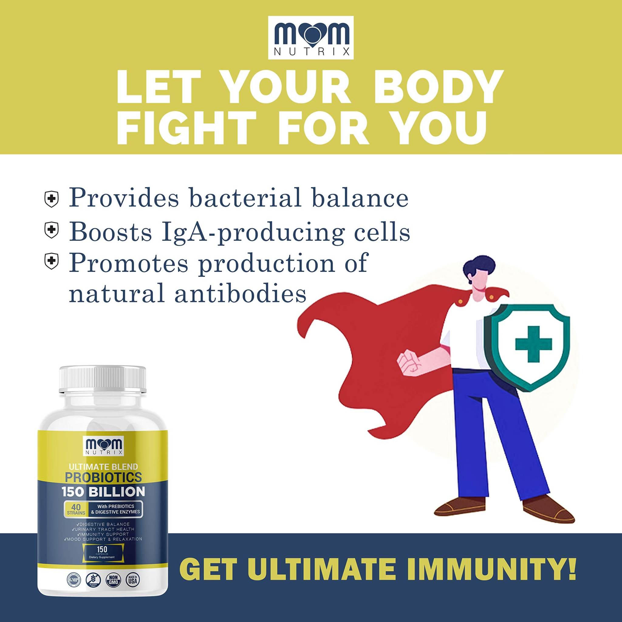 Probiotics supplement by DewCura with 150 billion CFU and 40 strains, featuring capsules for women and men.