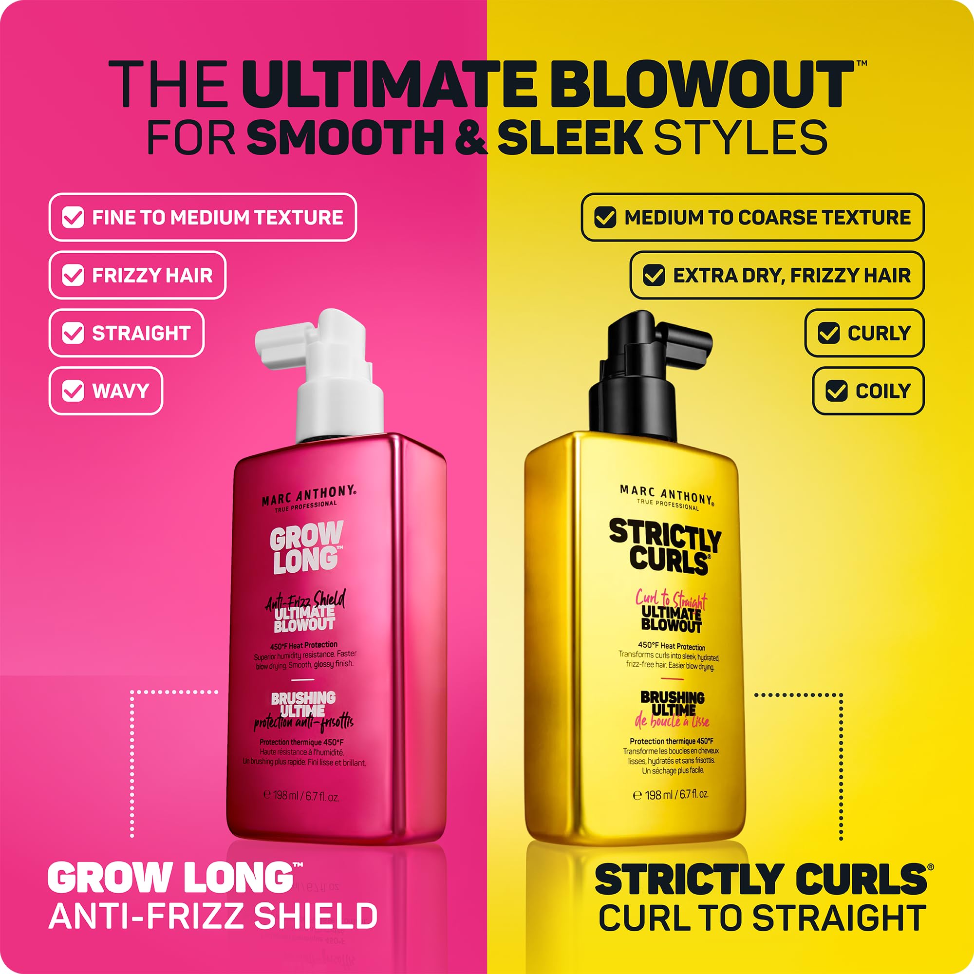 Marc Anthony Grow Long Blowout Anti-Frizz Heat Spray for hair styling, featuring a clear spray bottle with orange accents.