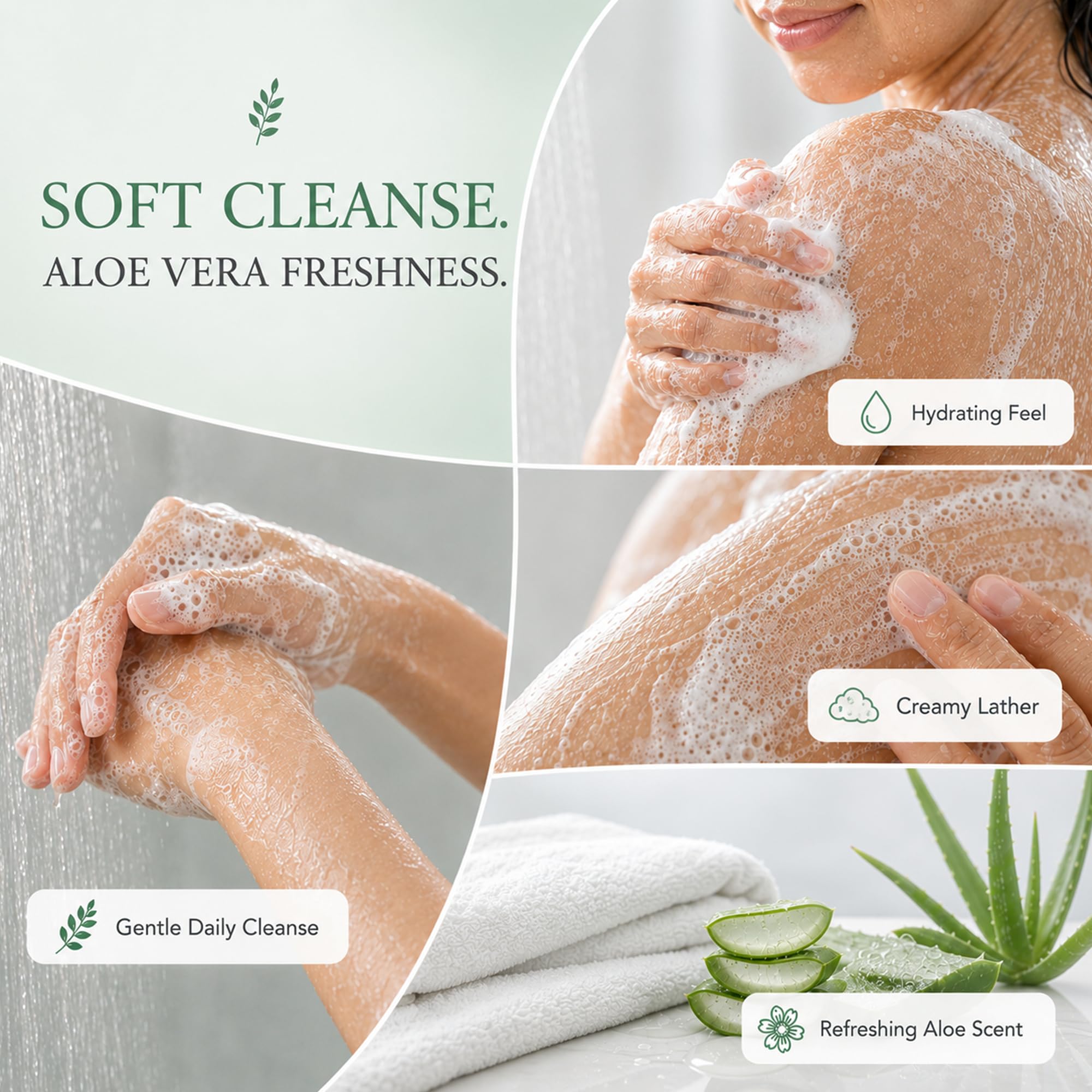 Ginger Lily Farms Aloe Vera Body Wash 4-pack, clear bottles with green labels, showing aloe vera imagery for skin cleaning.