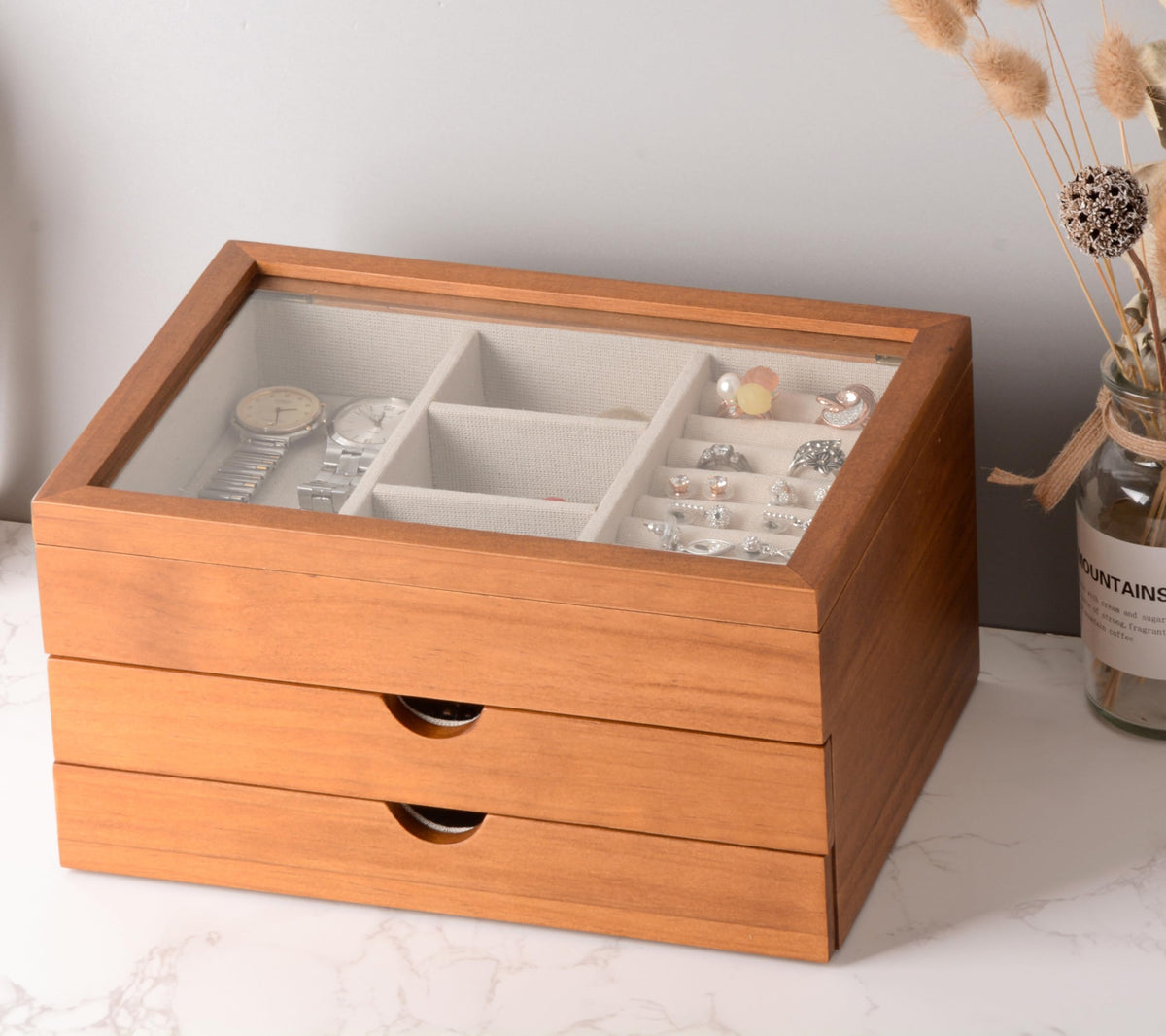 Clasin Home Jewelry Box with Glass Lid, 3 Layer Jewelry Organizer for Women, Solid Wooden Jewelry Box Display for Ring E