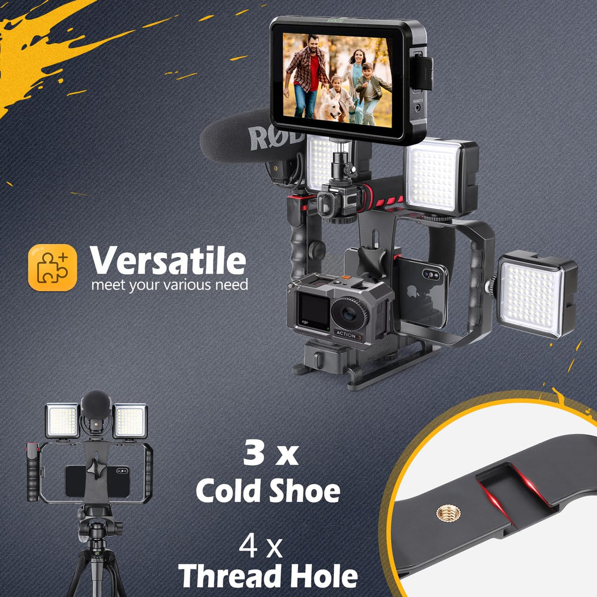 Zeadio Camera Smartphone Handheld Stabilizer, Triple Cold-Shoe Handle Grip Compatible with All Camera Action Camera DSLR