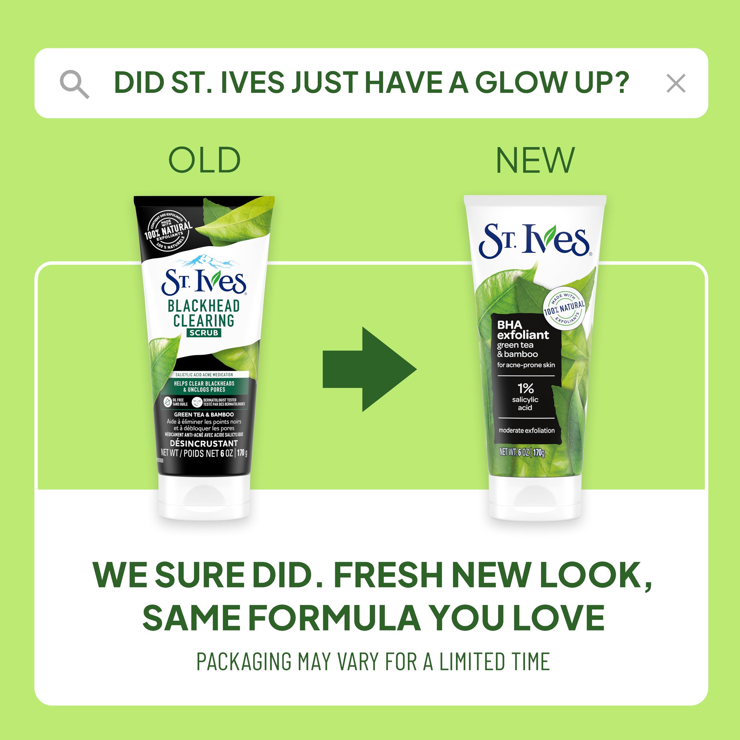 St. Ives Blackhead Clearing Face Scrub with green tea in 6oz bottle, natural skin exfoliant for clearing pores and refreshing skin.