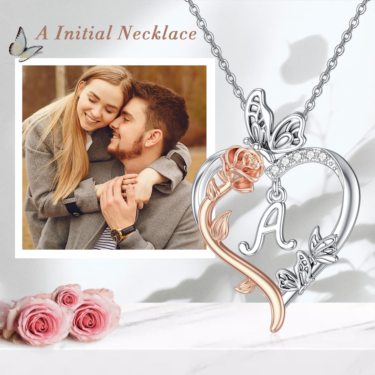 TOUPOP Gifts for Women Her 925 Sterling Silver Rose Heart Initial Necklace Butterfly Heart Jewelry Anniversary Birthday 