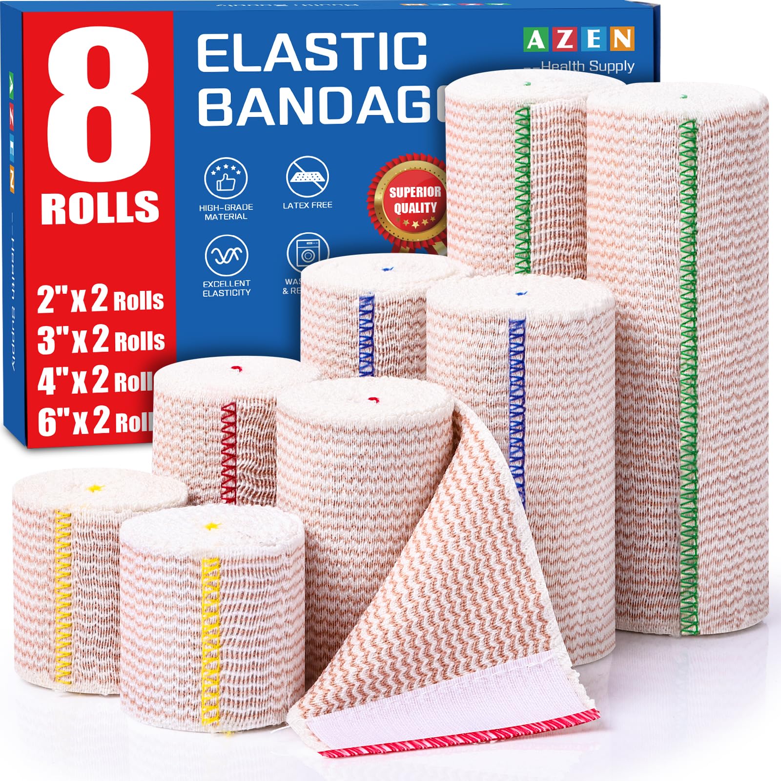 AZEN Premium 8 Pack Elastic Bandage Wrap (2x2", 2x3", 2x4", - Product Imagery