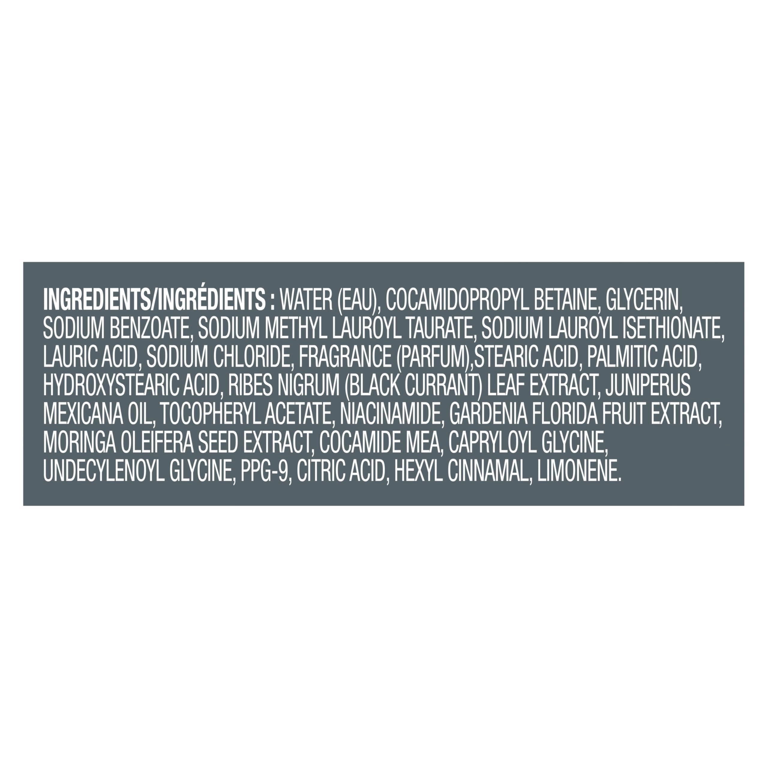 Dove Men+Care Blackcurrant & Cedarwood body wash in a 26oz bottle with blackcurrant and cedarwood scent, blue and white packaging.