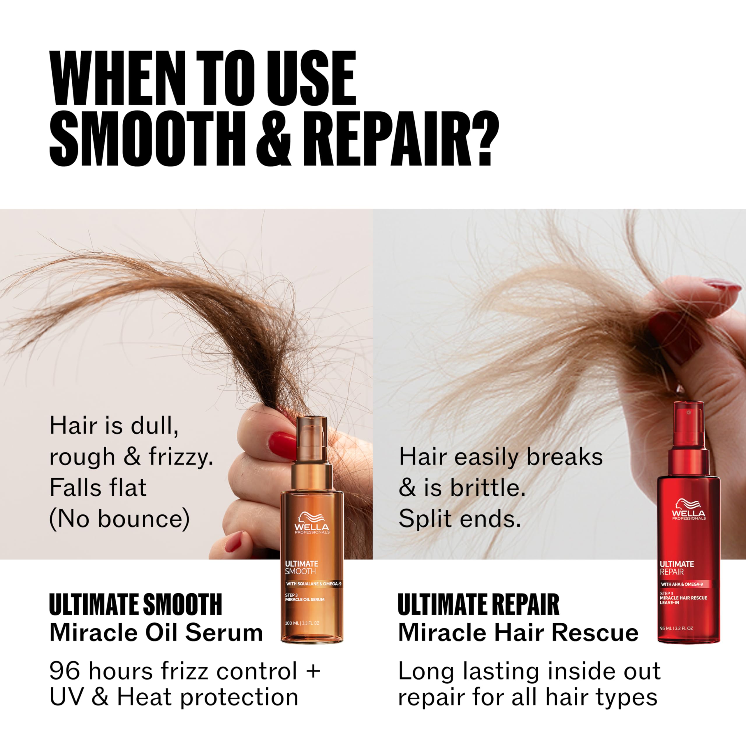 Wella Professionals Ultimate Smooth Miracle Oil Serum with squalane, a hair styling agent for smooth, shiny hair.