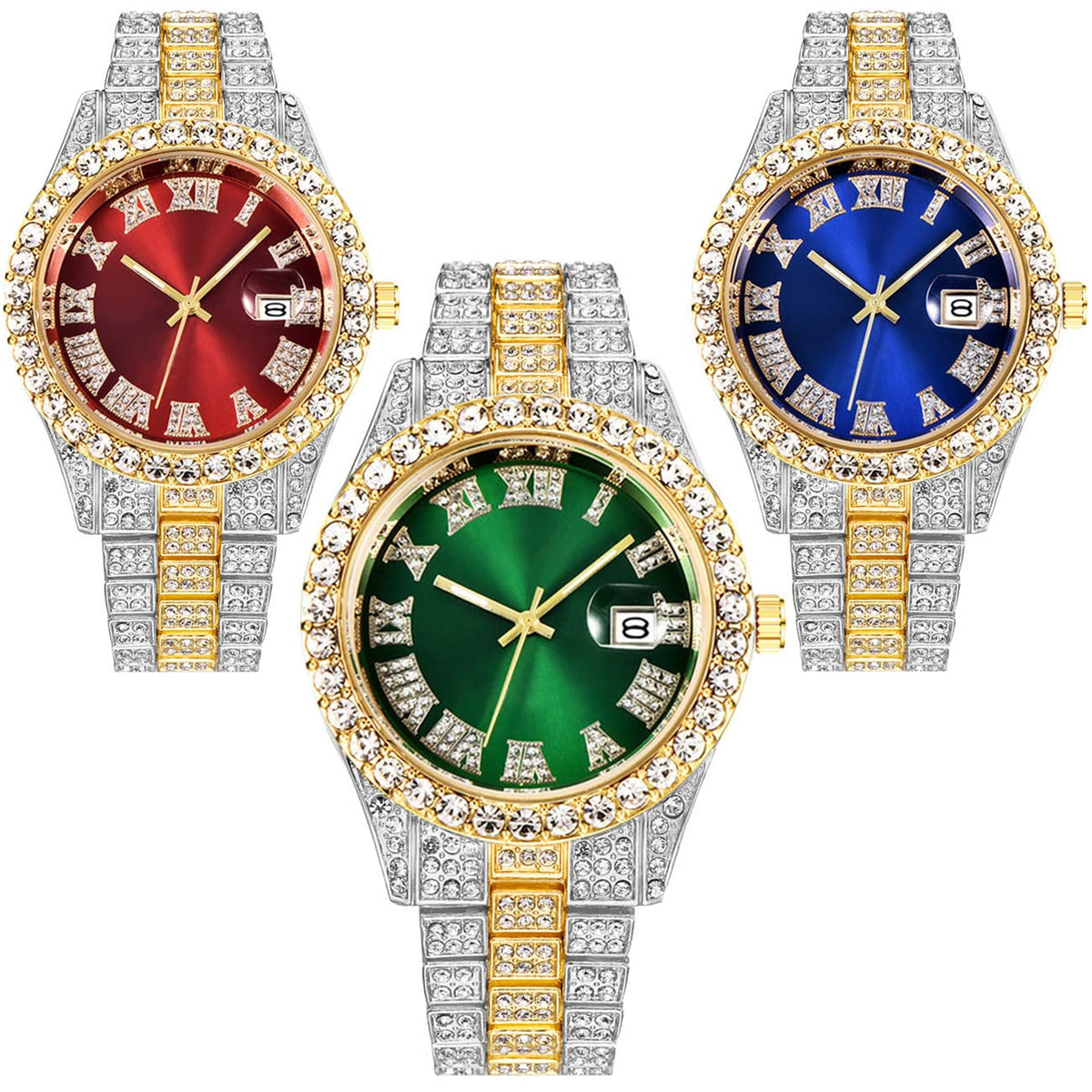 CdyBox 3 Pack Luxury Men Hip Hop Watch with Roman Scale Calendar Diamond Wrist Watch Stainless Steel Watches – product p