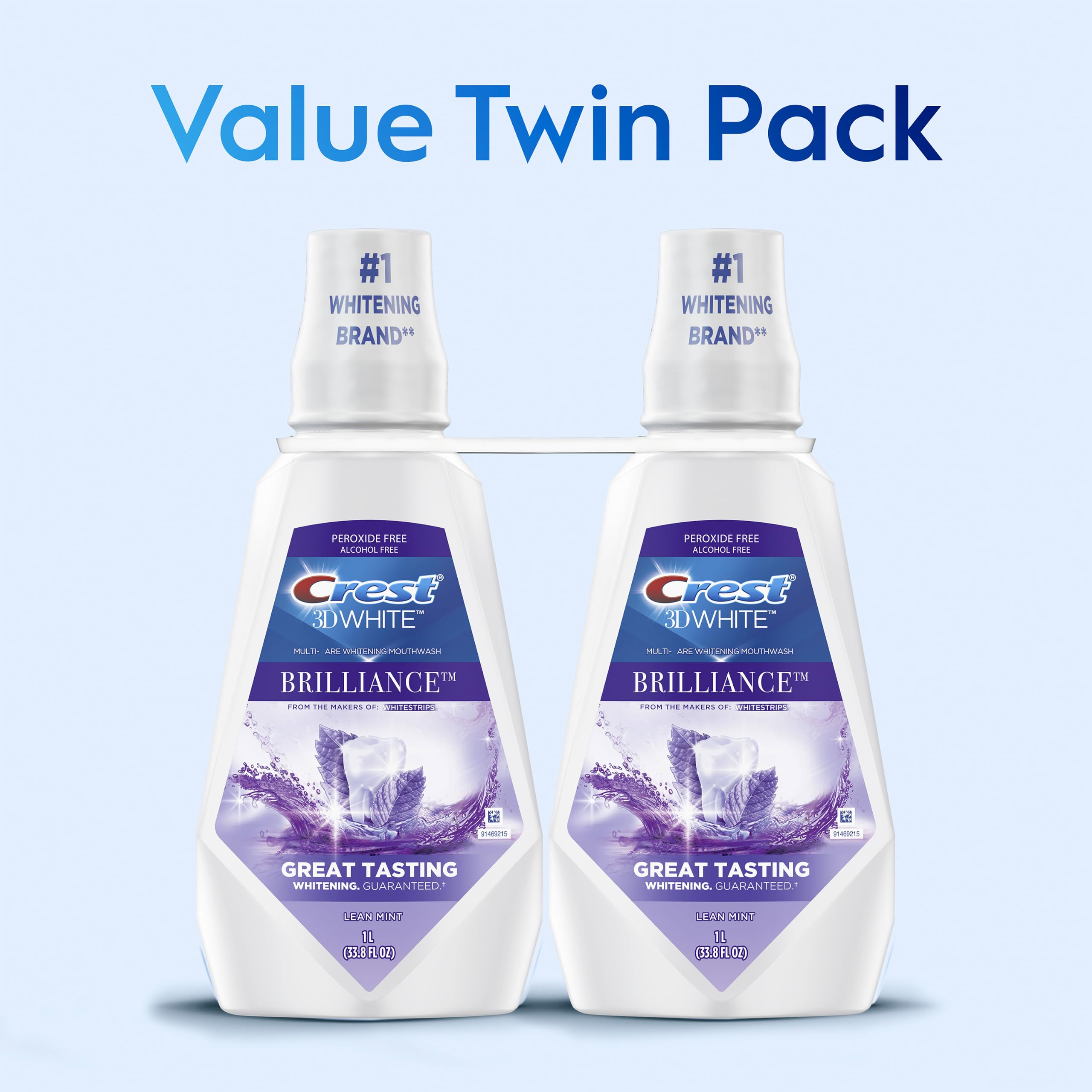 Crest Mouthwash/Mouth Rinse, 3D White Brilliance Whitening, Alcohol Free, Clean Mint, 2x1L (33.8 fl oz)