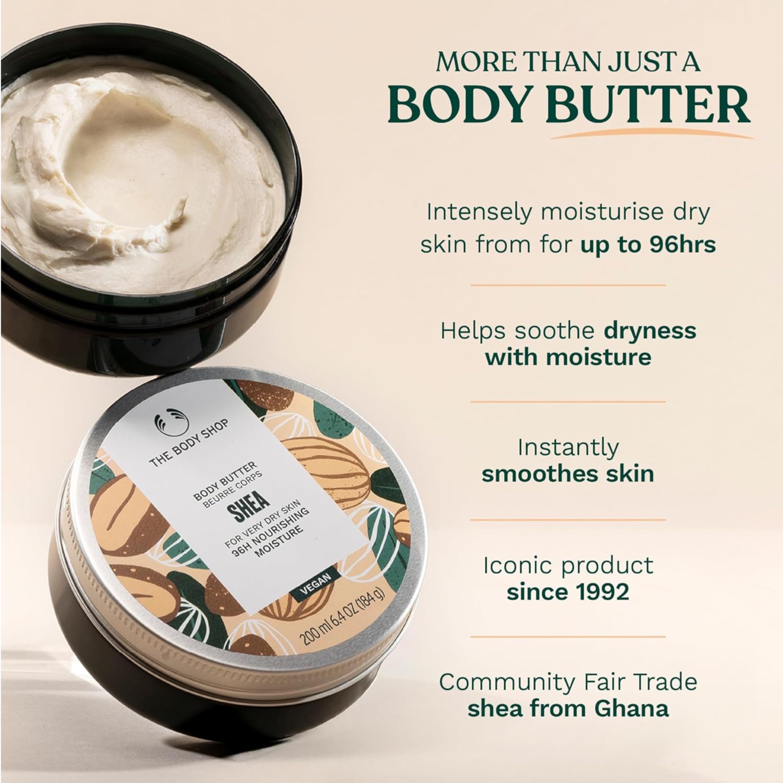 The Body Shop Shea Body Butter jar showing creamy texture and branding, designed for intense 96-hour moisture and skin nourishment.