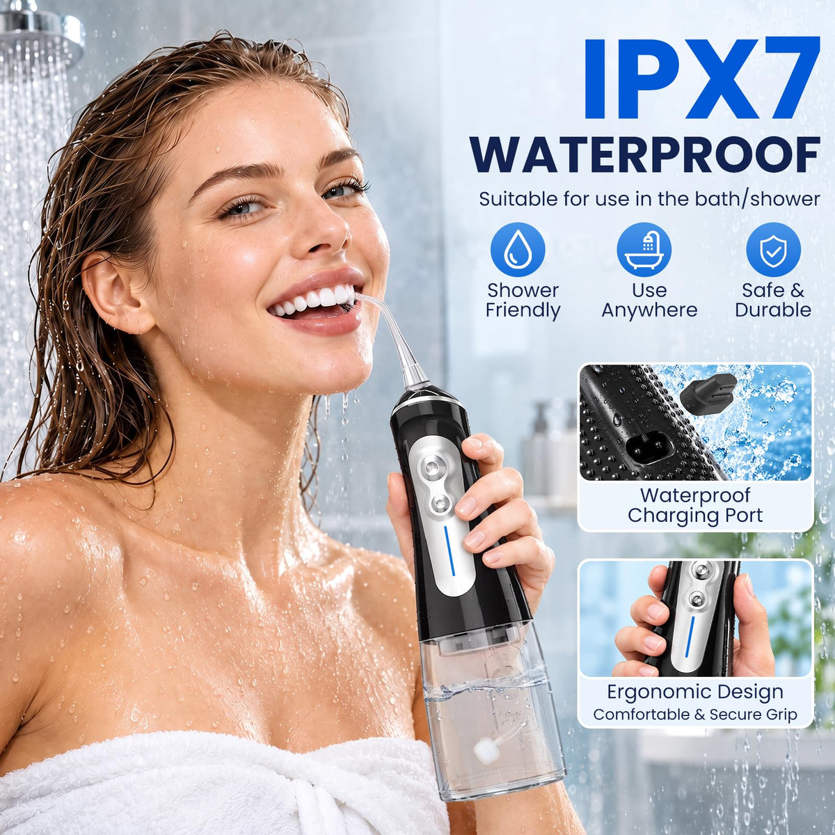 Xsmfyh Portable & Cordless Water Flosser, 6 Speed & DIY, 320ML Detachable Tank – back view and specifications