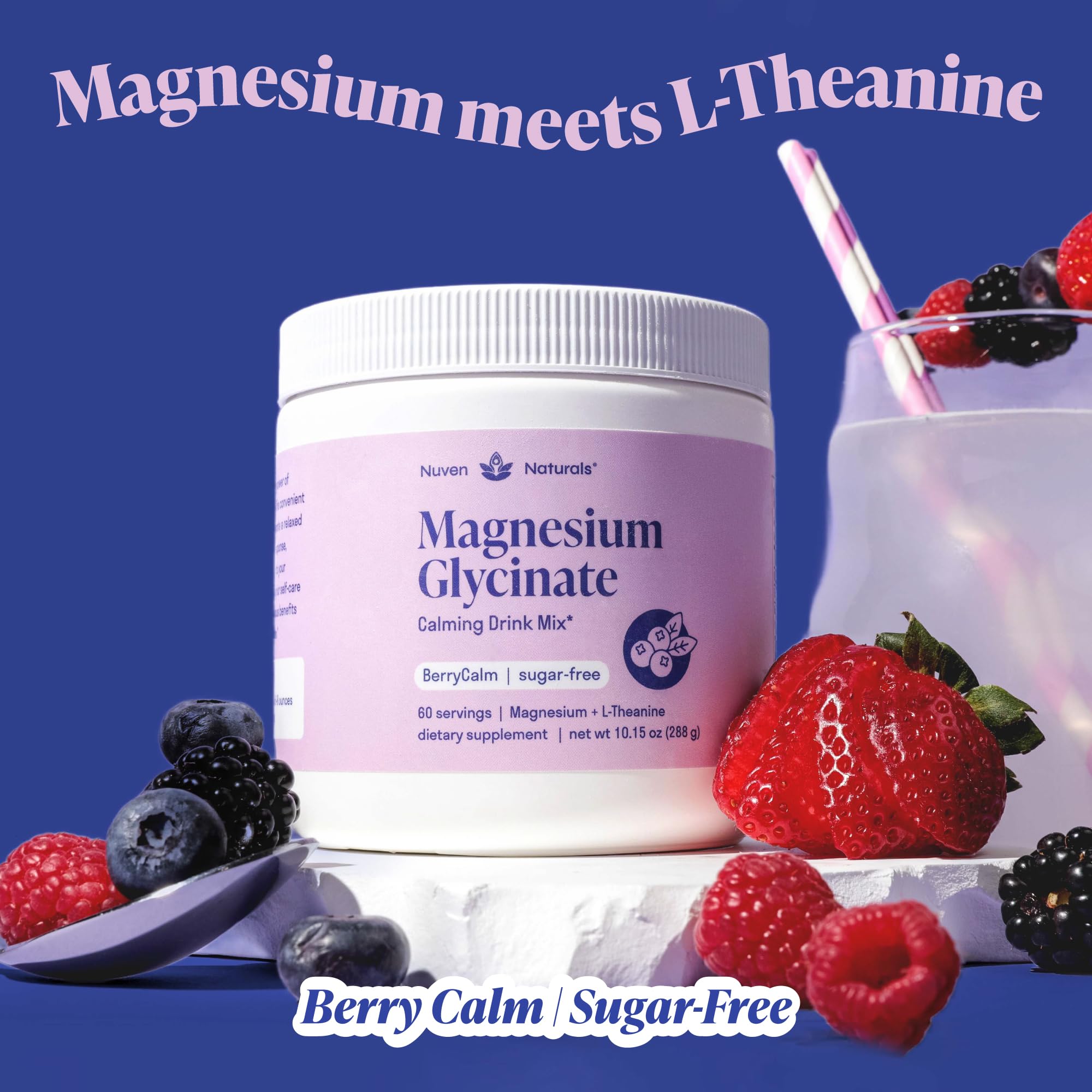 Magnesium Glycinate Powder + L Theanine, 60 Servings, 300mg, Mixed Berry