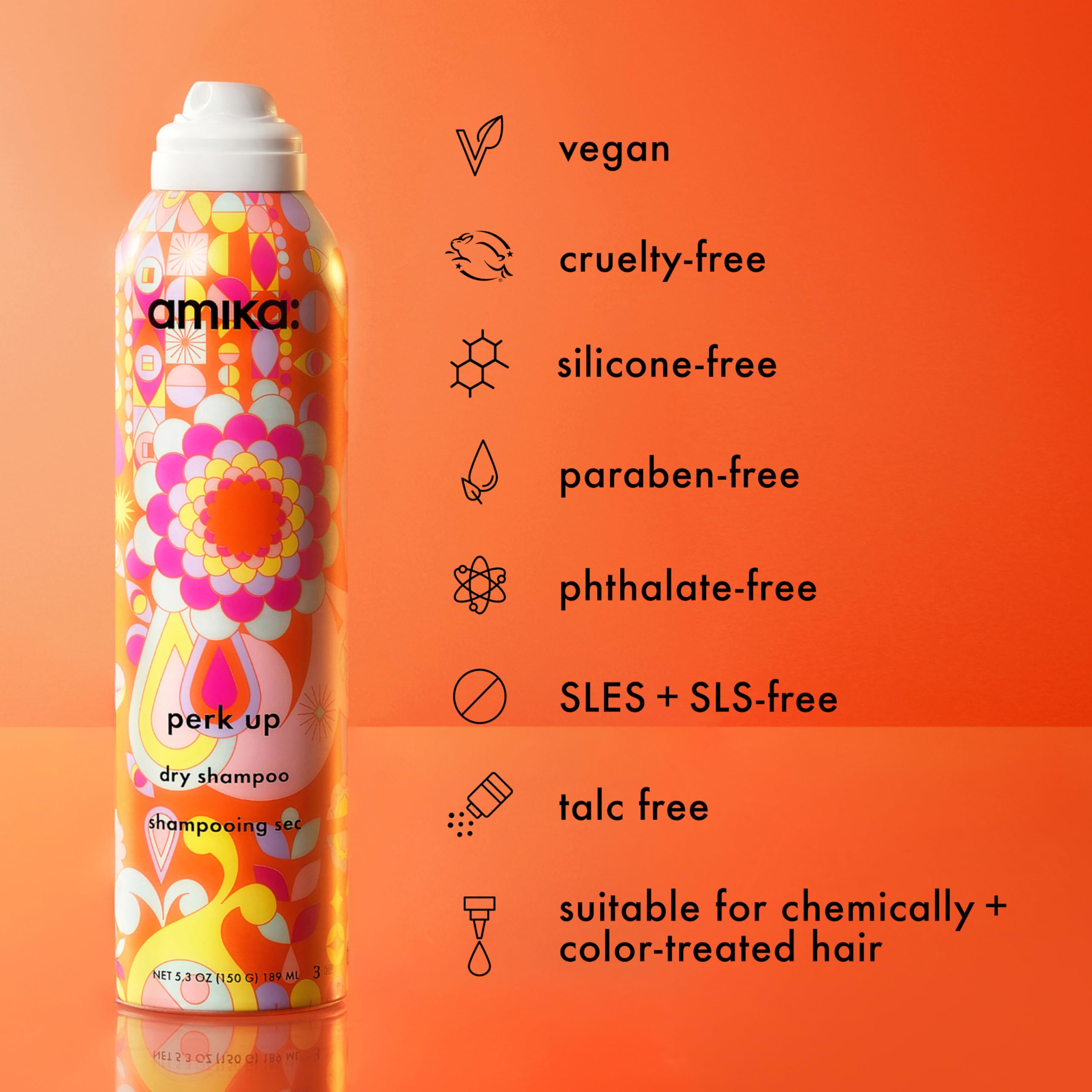 Amika Perk Up Dry Shampoo 5.3 oz bottle with spray nozzle, designed for freshening hair and absorbing oil.