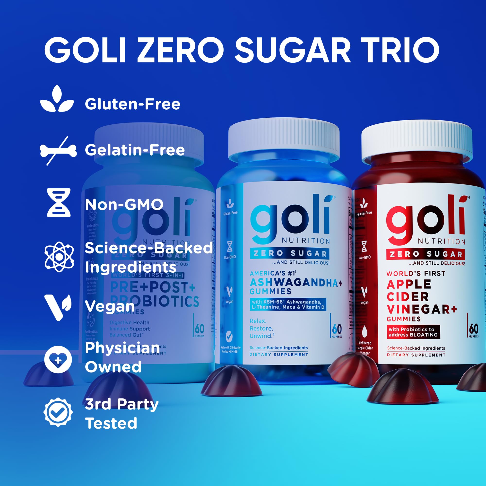 Goli Zero Sugar Trio 3-in-1 Probiotic ACV Gummies 180ct