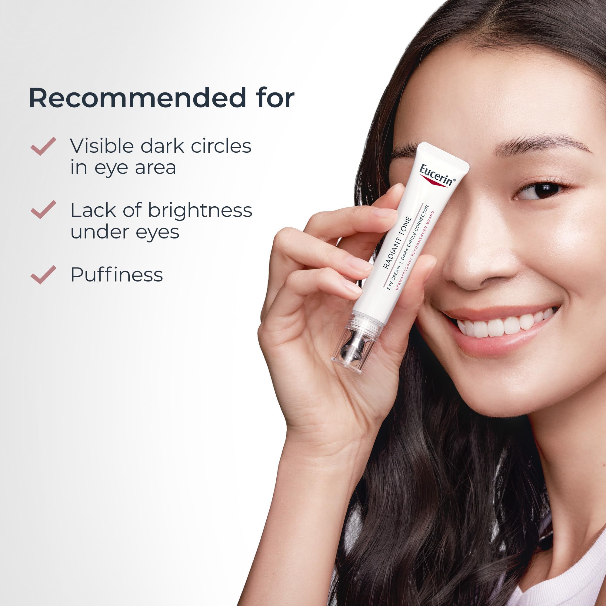 Eucerin Radiant Tone Eye Cream dark circle corrector in a 0.5 oz tube, with hyaluronic acid and Thiamidol for brightening and puffiness.
