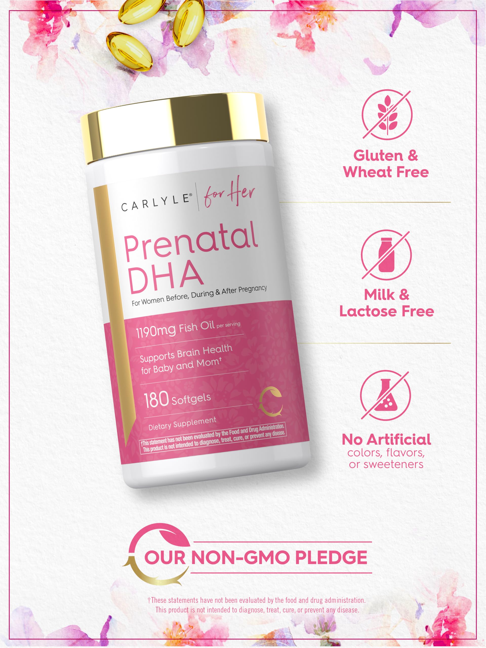 Carlyle Prenatal DHA Vitamin softgels, 180 count, dietary supplement for prenatal health and brain development