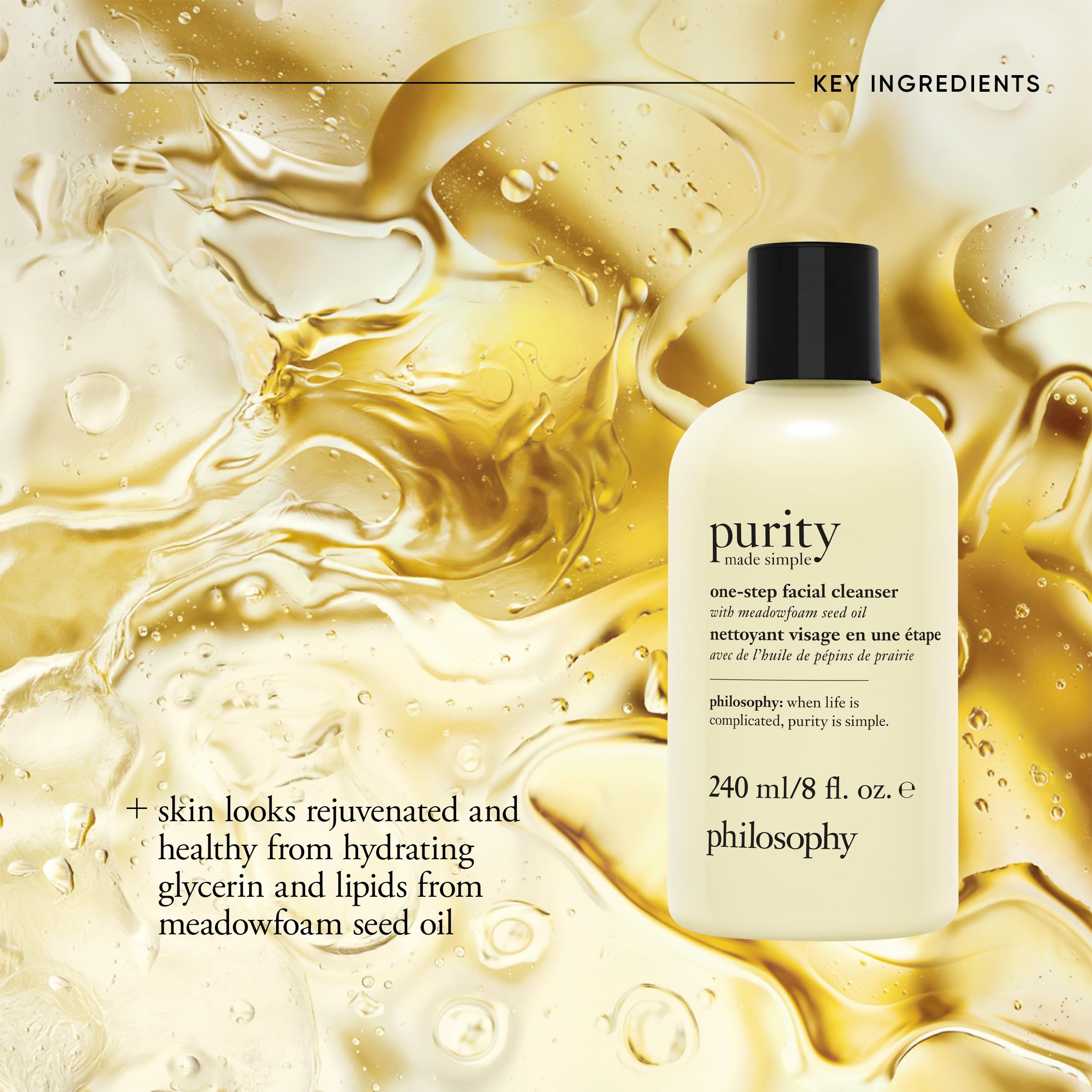 Philosophy Purity Made Simple Facial Cleanser in a 32oz bottle, gentle skin cleaning agent with clear liquid and pump dispenser.